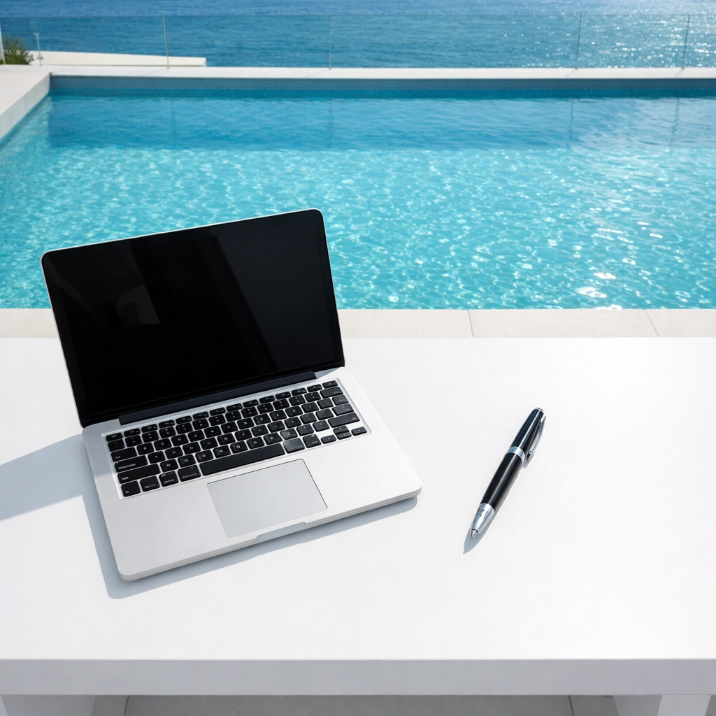 Modern laptop workspace overlooking an infinity pool, representing clean financial books for a pool route sale.