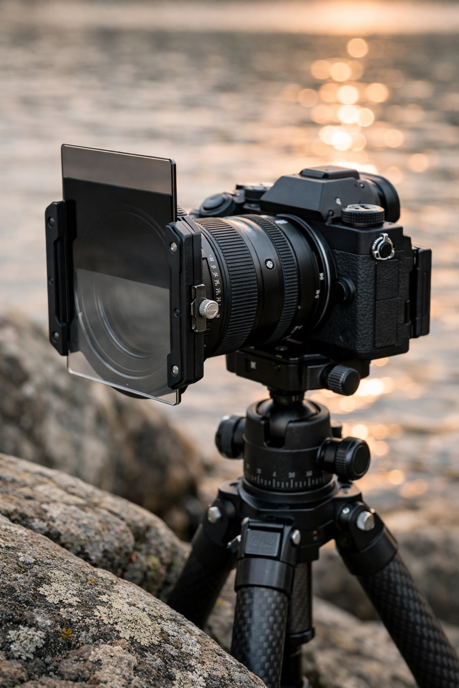 Camera gear on a tripod at a Lake Tahoe photography location, showing a setup for sunrise landscape shots.