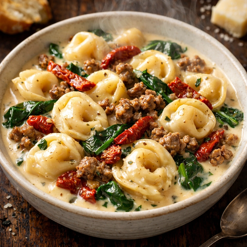 Creamy sausage tortellini with spinach and sun-dried tomatoes: a fast and easy weeknight dinner.