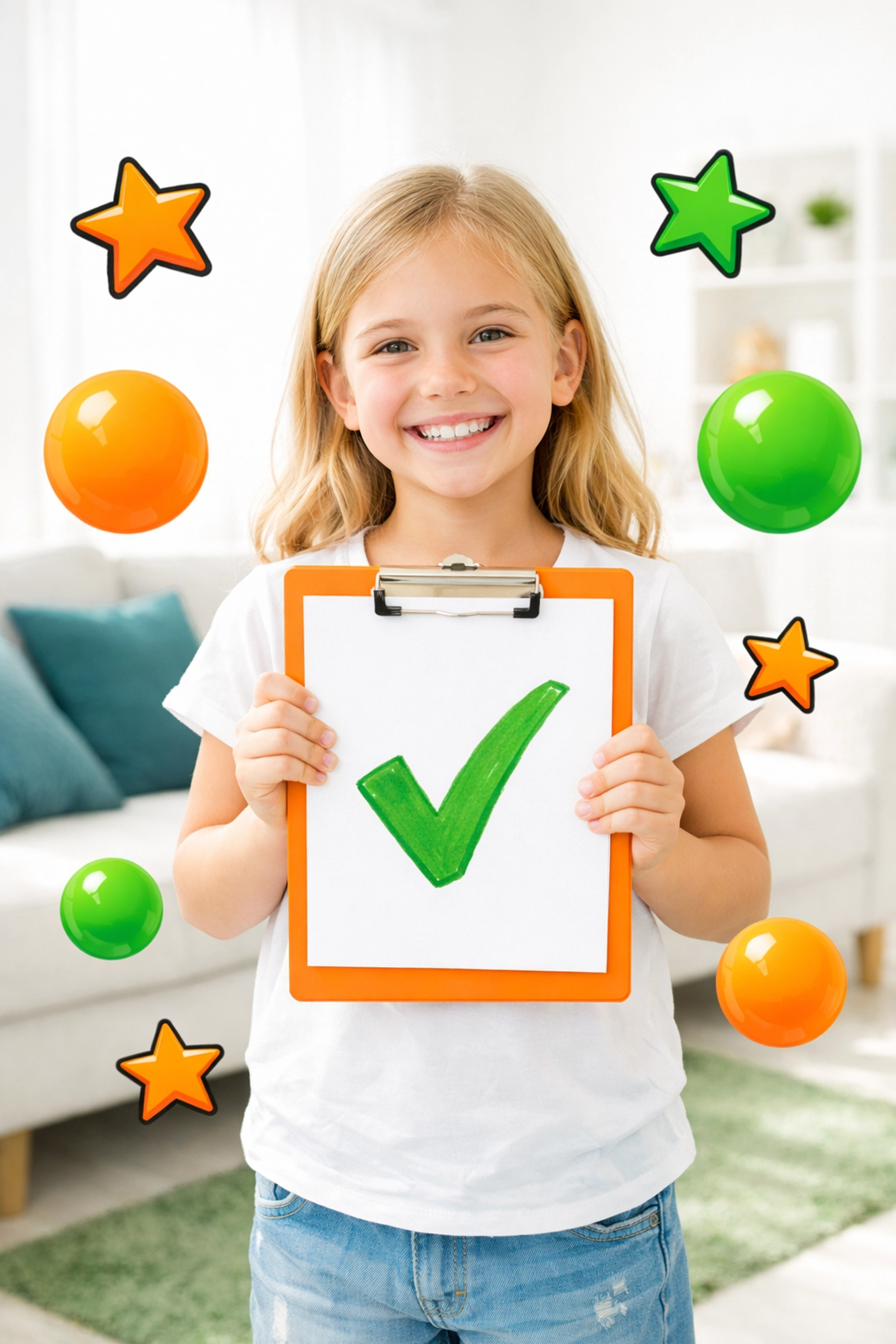 A smiling girl holding a chore checklist with a green checkmark in an organized living room.