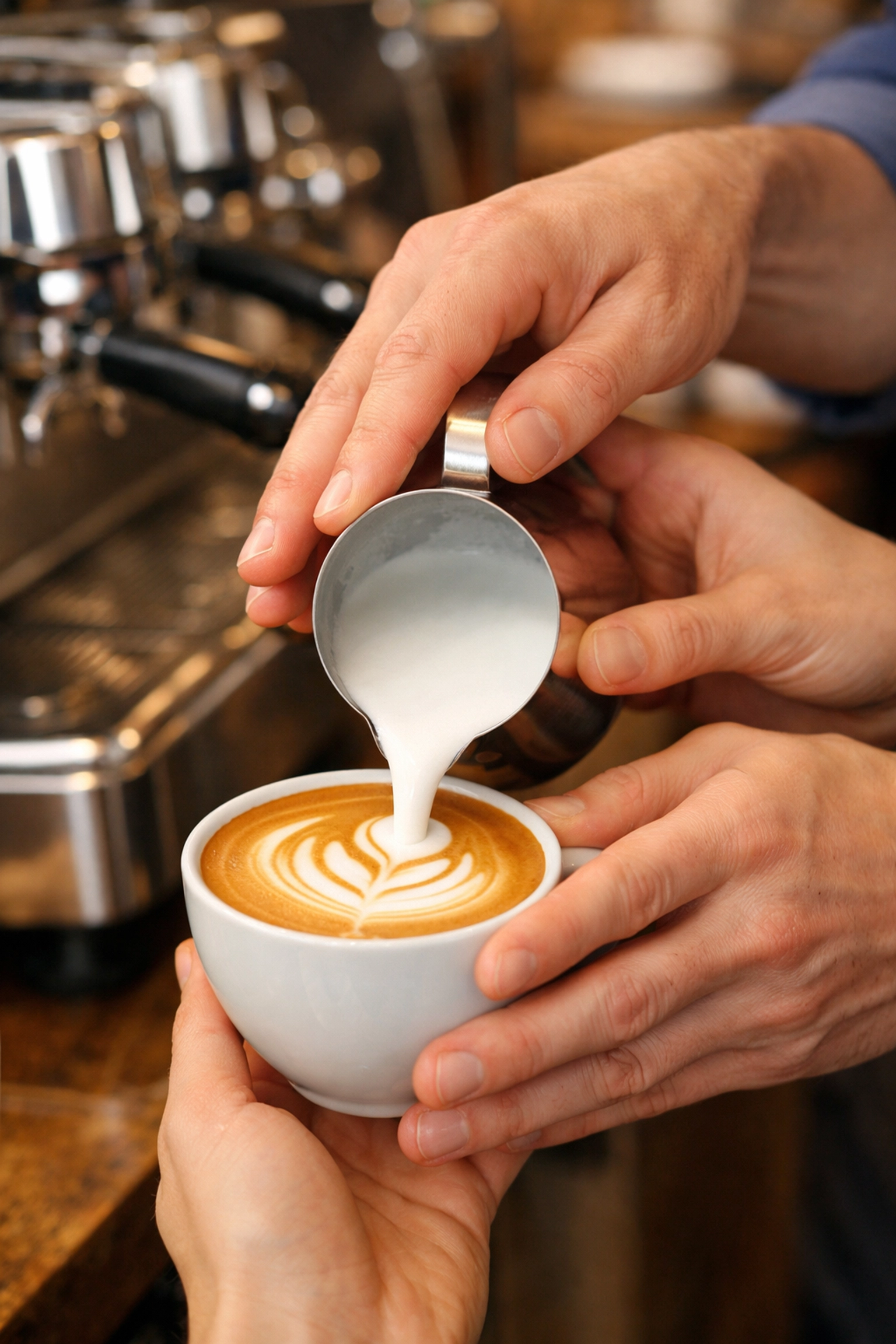 Professional barista training showing hands pouring latte art to help scale coffee business volume.