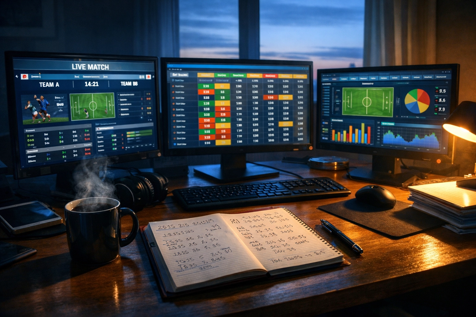 Football betting analyst desk with multiple monitors displaying live odds and statistics at dawn