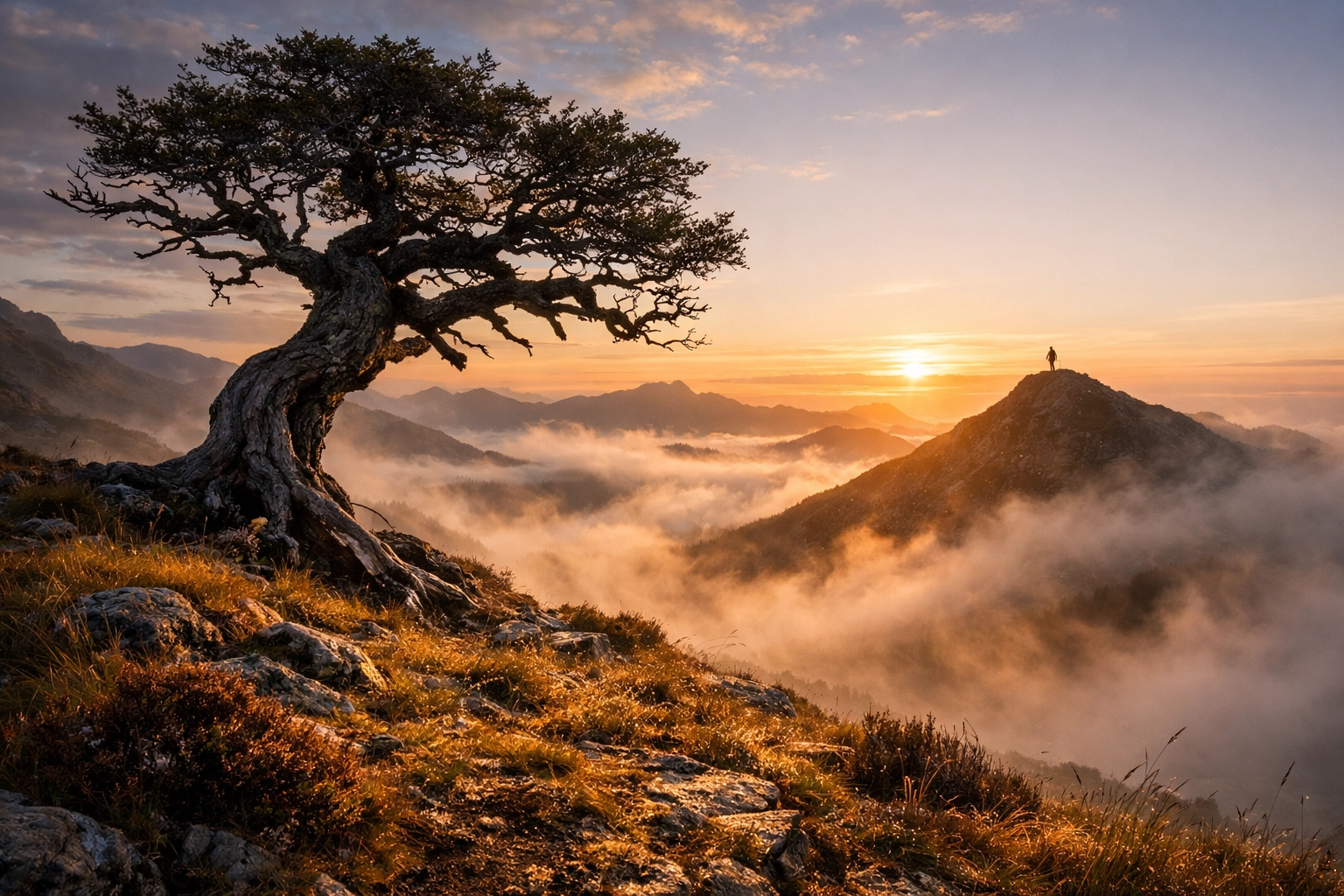 Landscape photography showing a clear main subject with a lone tree and hiker at sunrise.