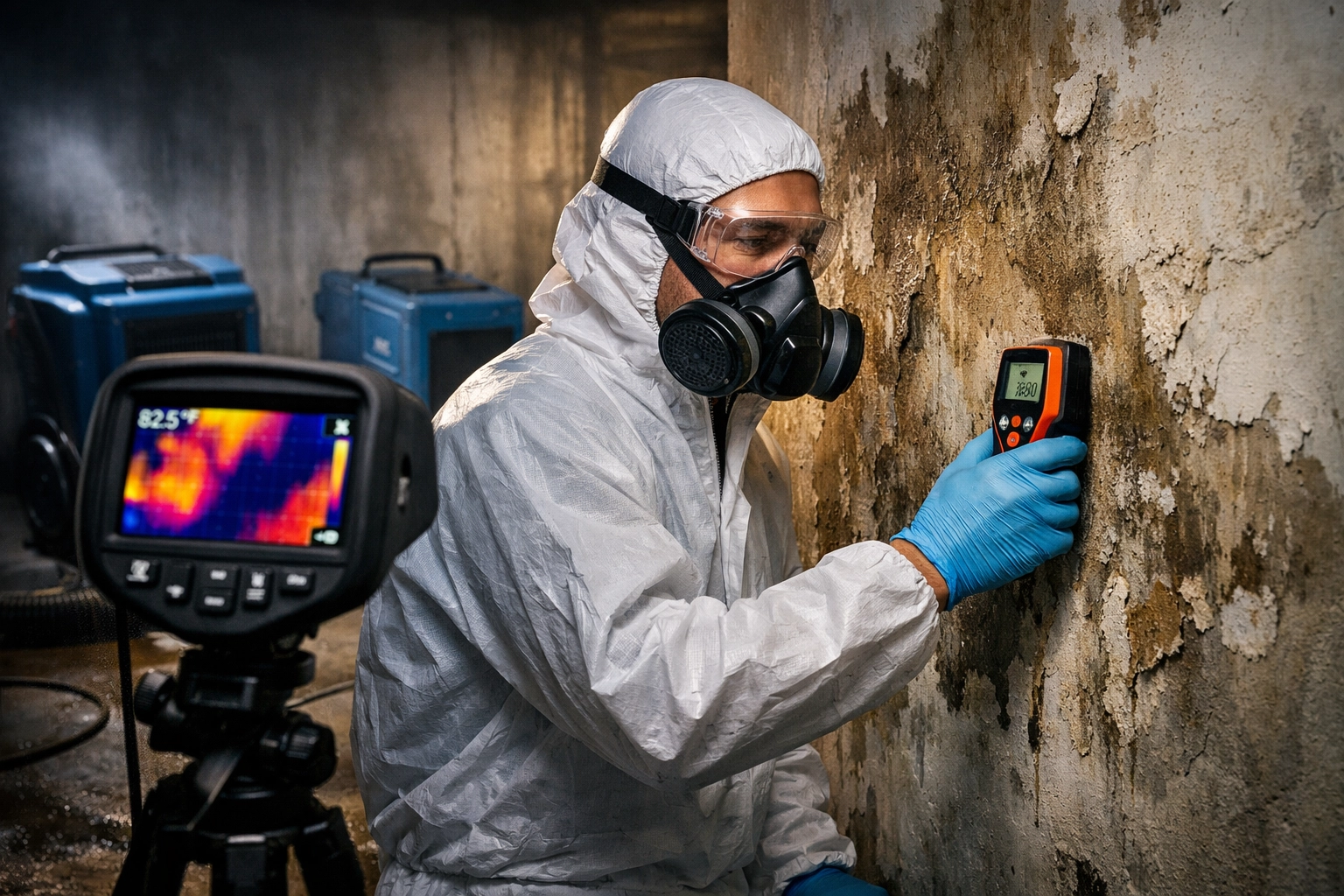 Professional water damage technician using moisture meter and thermal camera on damaged wall