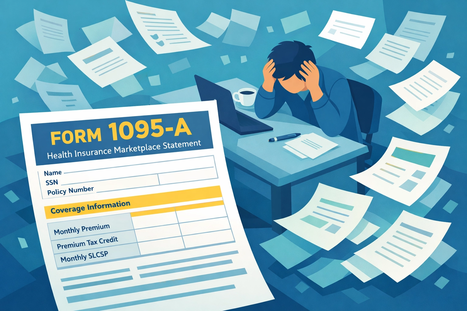 Person reviewing Form 1095-A health insurance tax documentation at desk