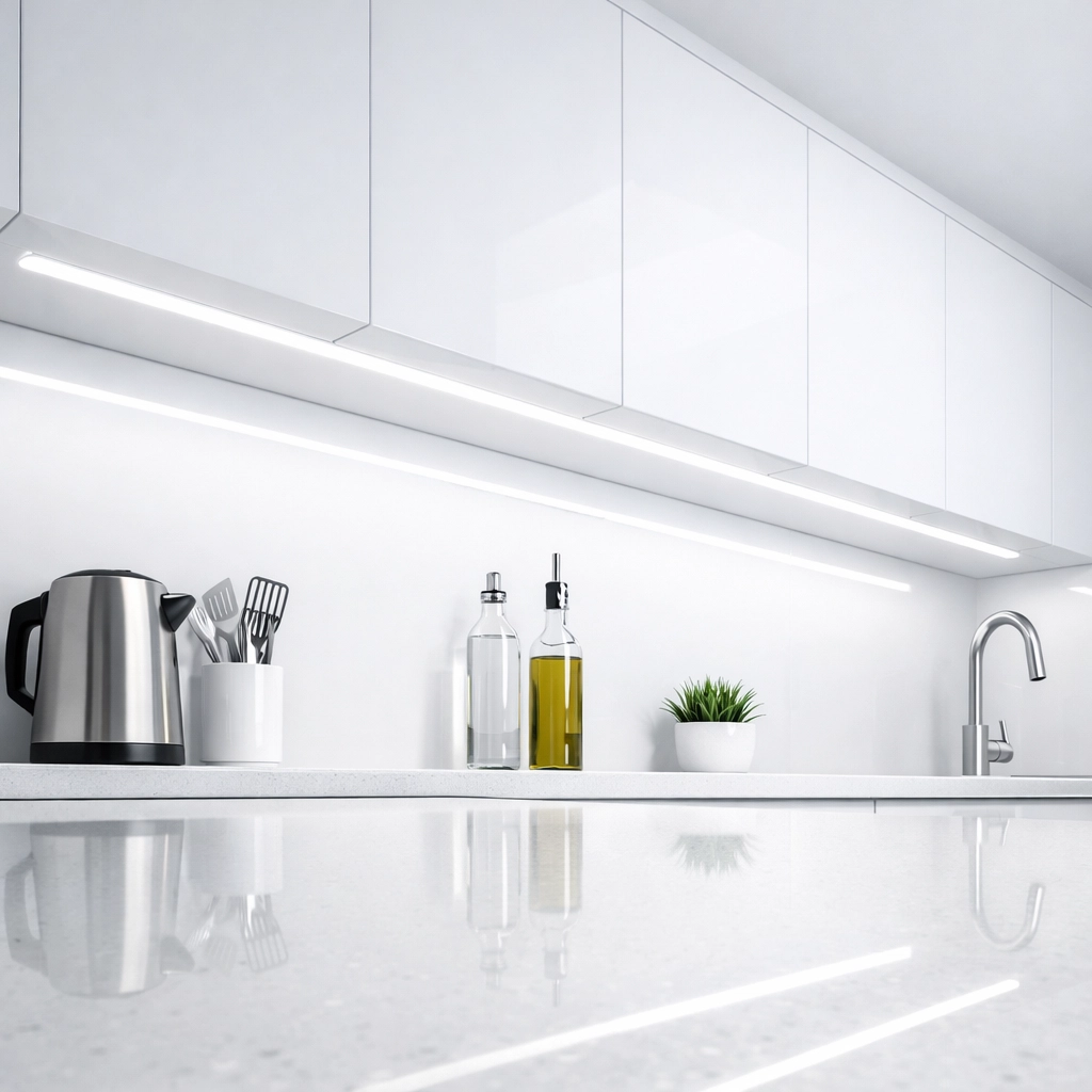 Neutral 4000K white LED strip lighting under modern high-gloss white kitchen cabinets.