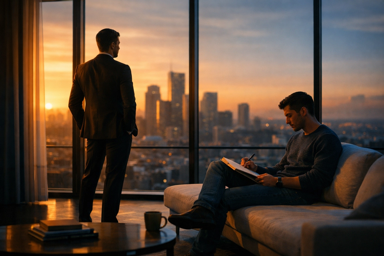 Two men in luxury penthouse representing wealth disparity in gay romance novels