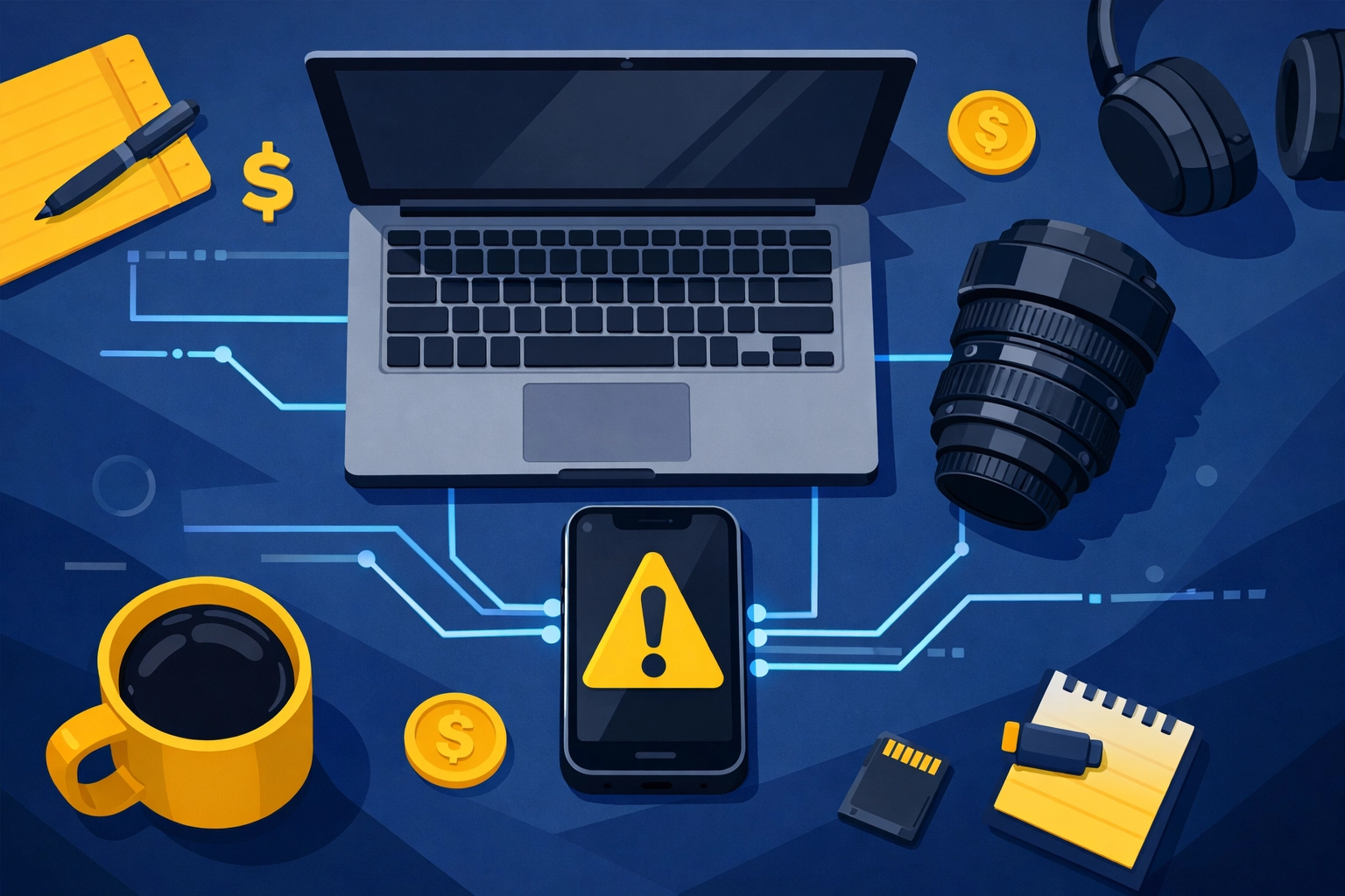 Workspace with a warning icon on a smartphone regarding the risks of using payment apps for business equipment.