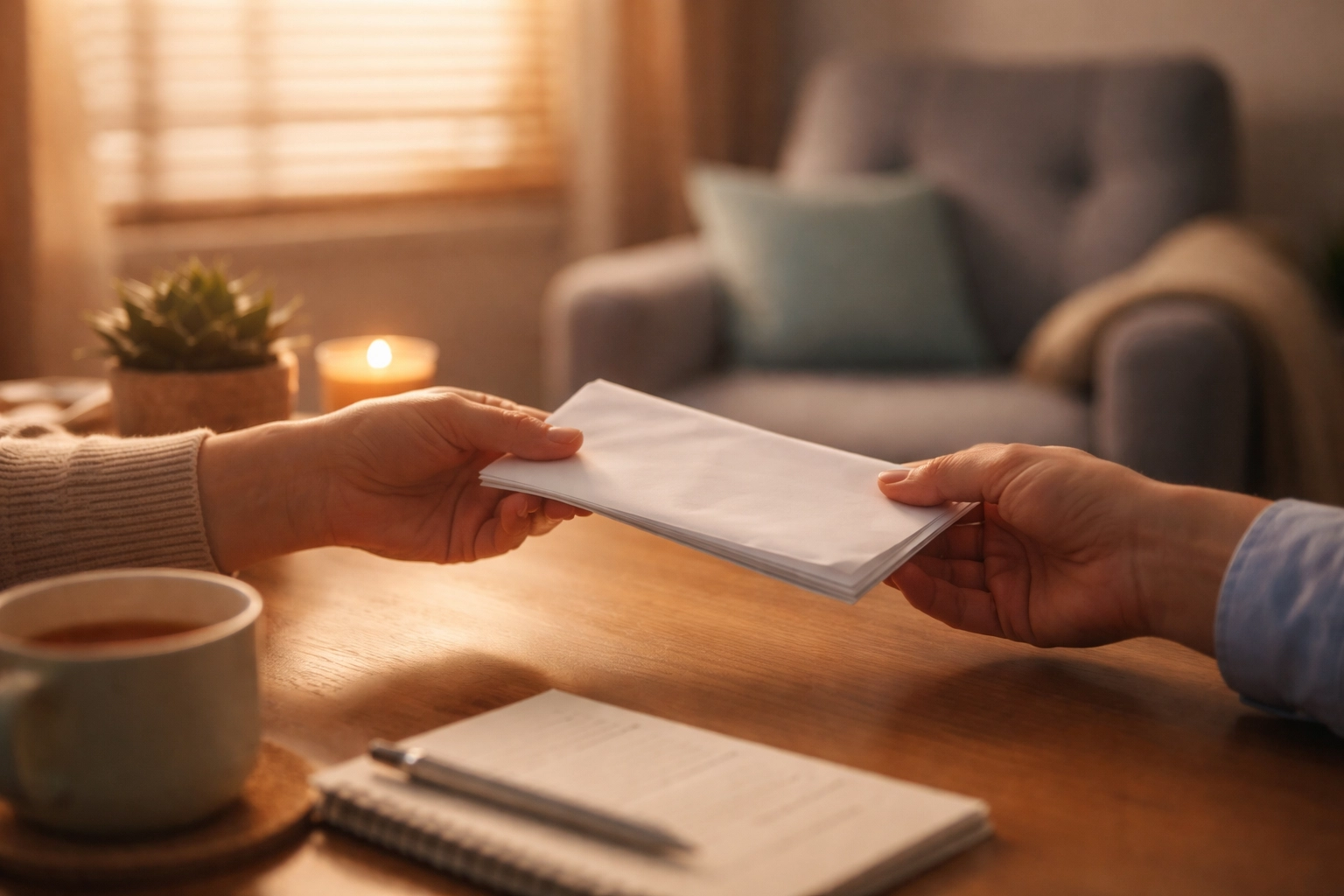 Close-up of a therapist handing a support letter to a trans patient in a friendly office, crucial for starting gender affirming care.