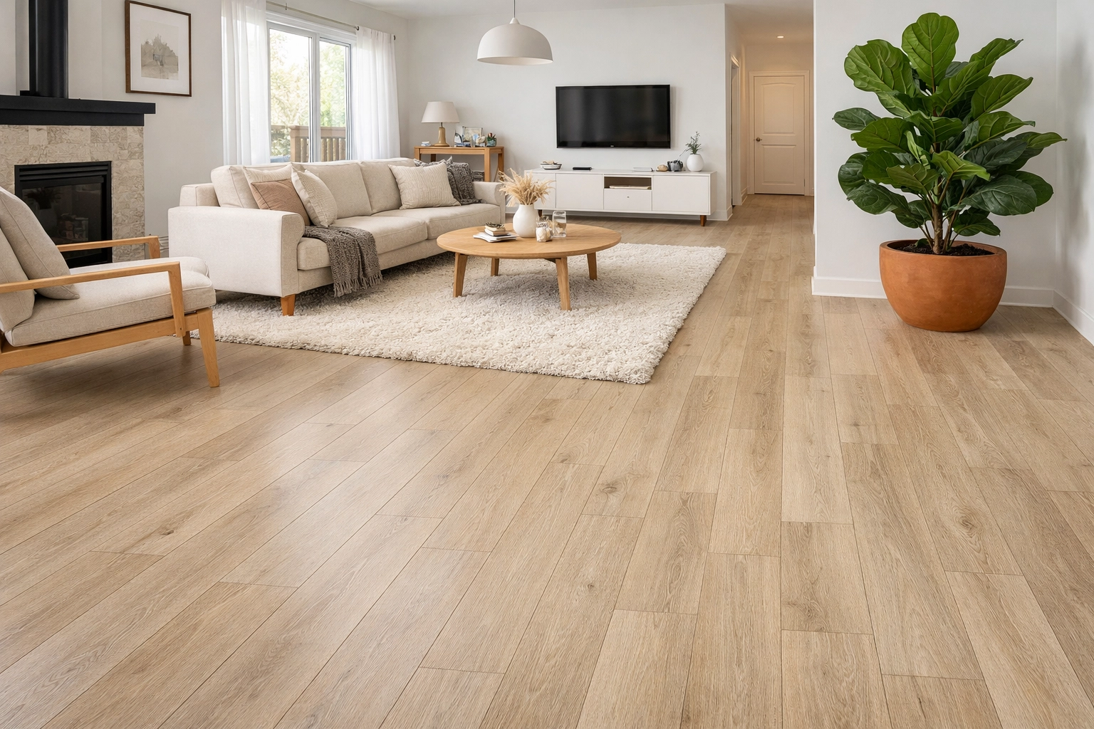 Modern Saskatoon living room with luxury vinyl flooring, showing a well-maintained rental property.