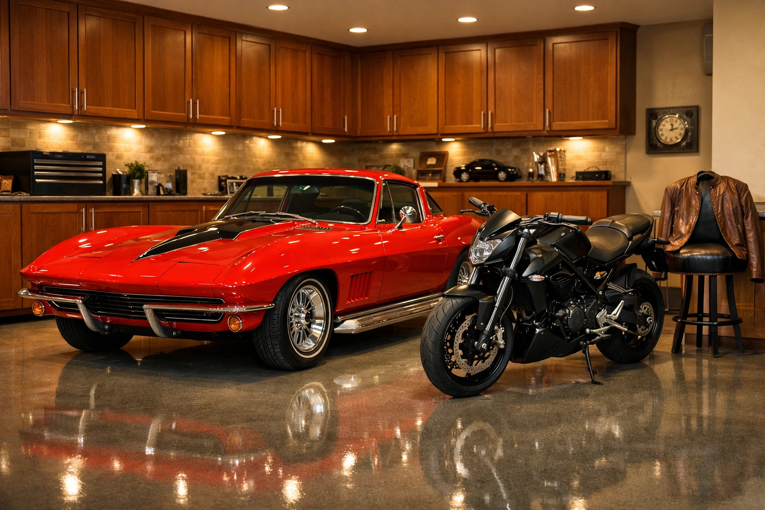 Classic red Corvette and modern motorcycle in a climate-controlled Connecticut collector’s garage.