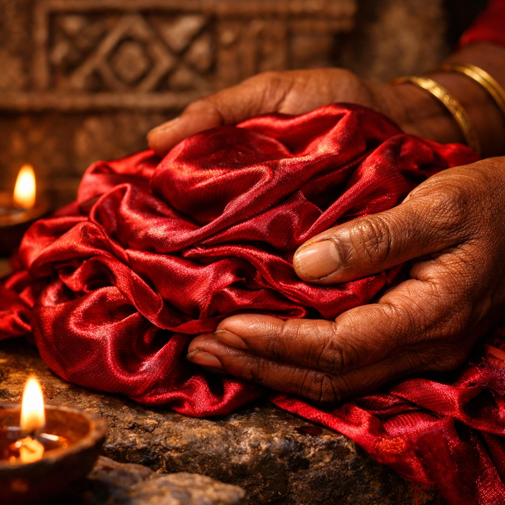 Intense close-up of hands offering sacred red silk at a Tantric altar under flickering oil lamps.