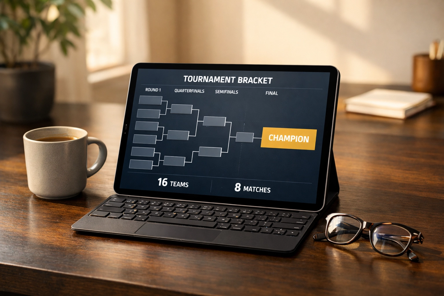 A minimalist home office desk with a digital sports bracket on a tablet, symbolizing careful tournament strategy.