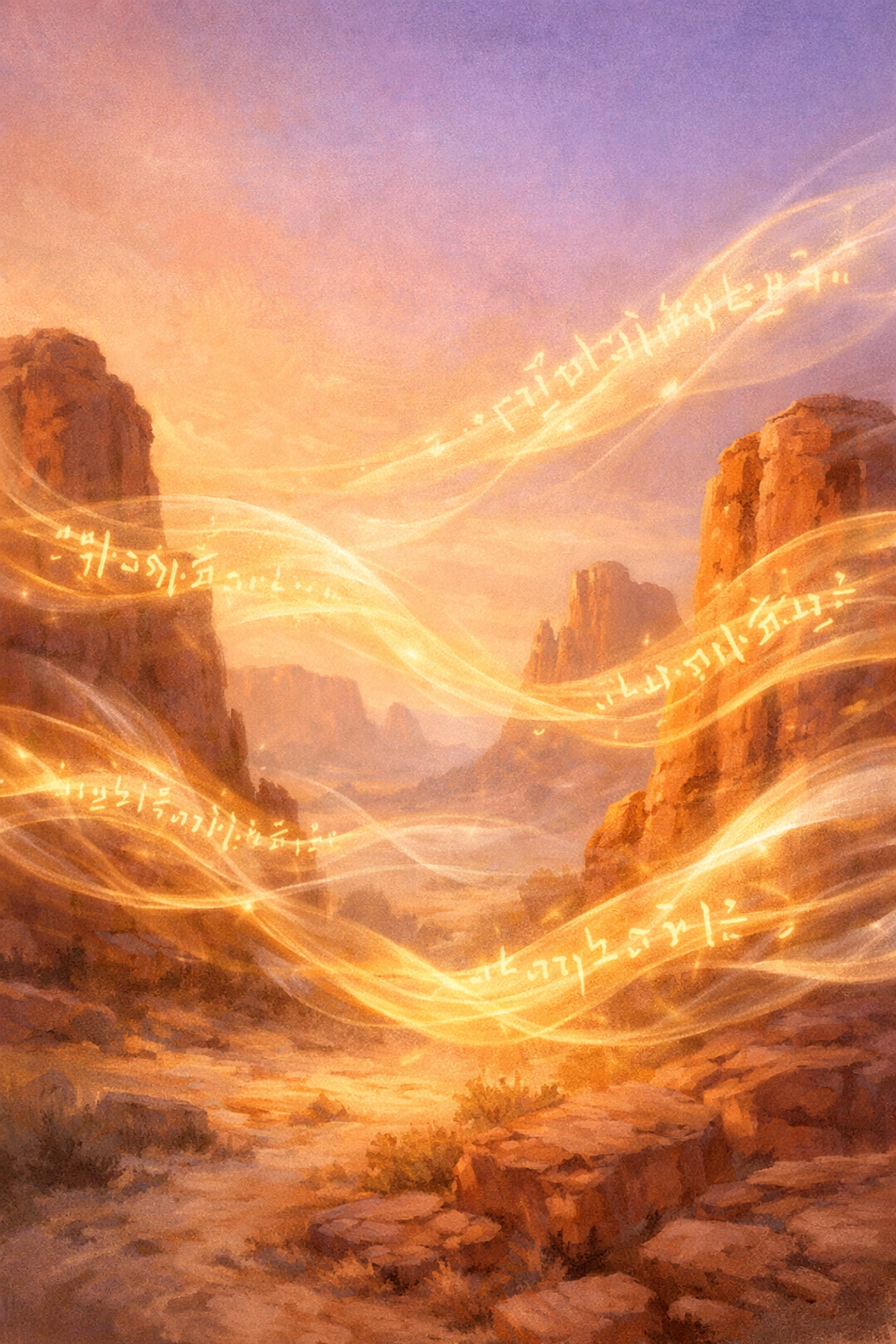 Prayer voices floating through desert air as spiritual sound waves and light