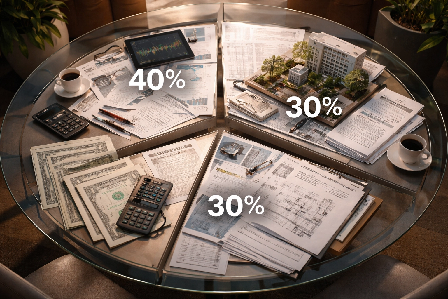 Conference table arranged as a pie chart, illustrating the 40/30/30 portfolio asset allocation strategy.