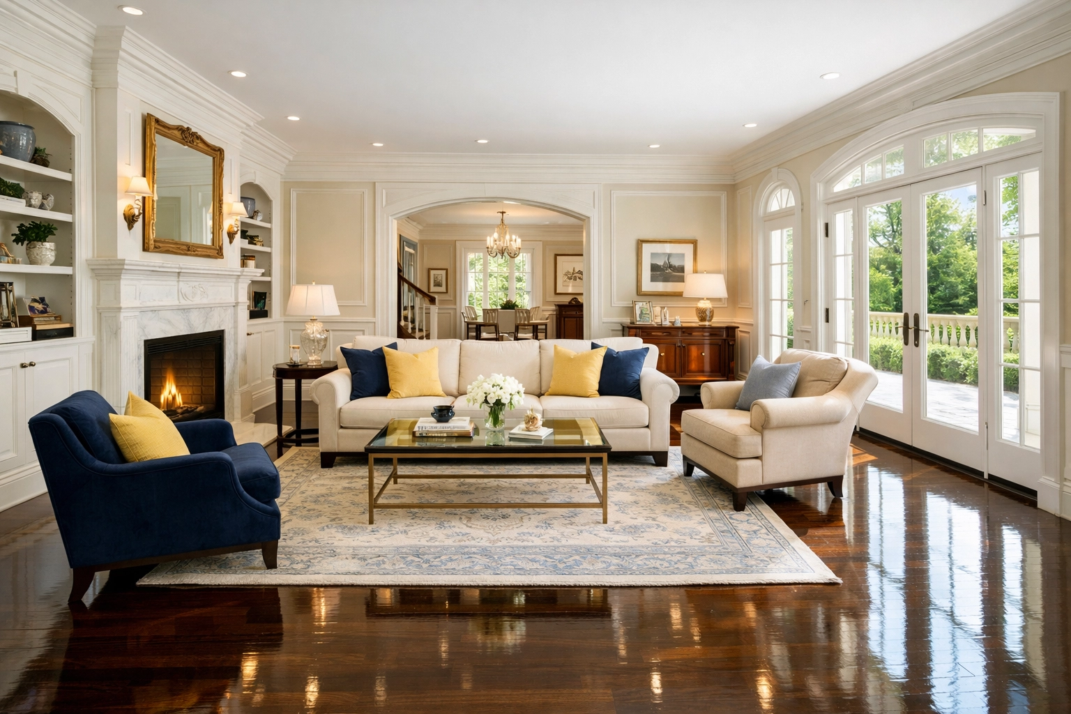 Spotless living room in a Winchester estate featuring polished hardwood floors and luxury furniture.