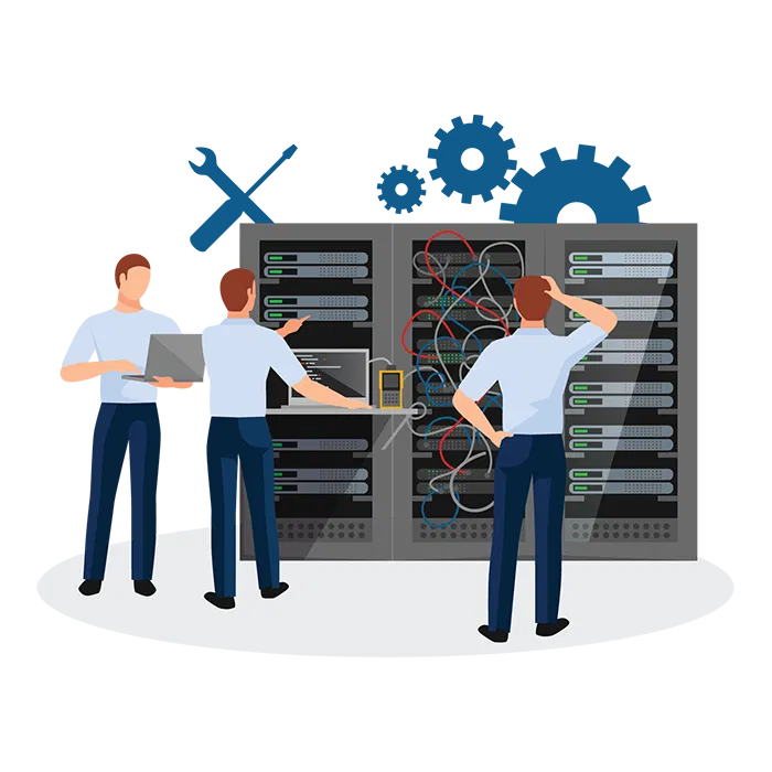 IT technicians analyzing and troubleshooting server racks