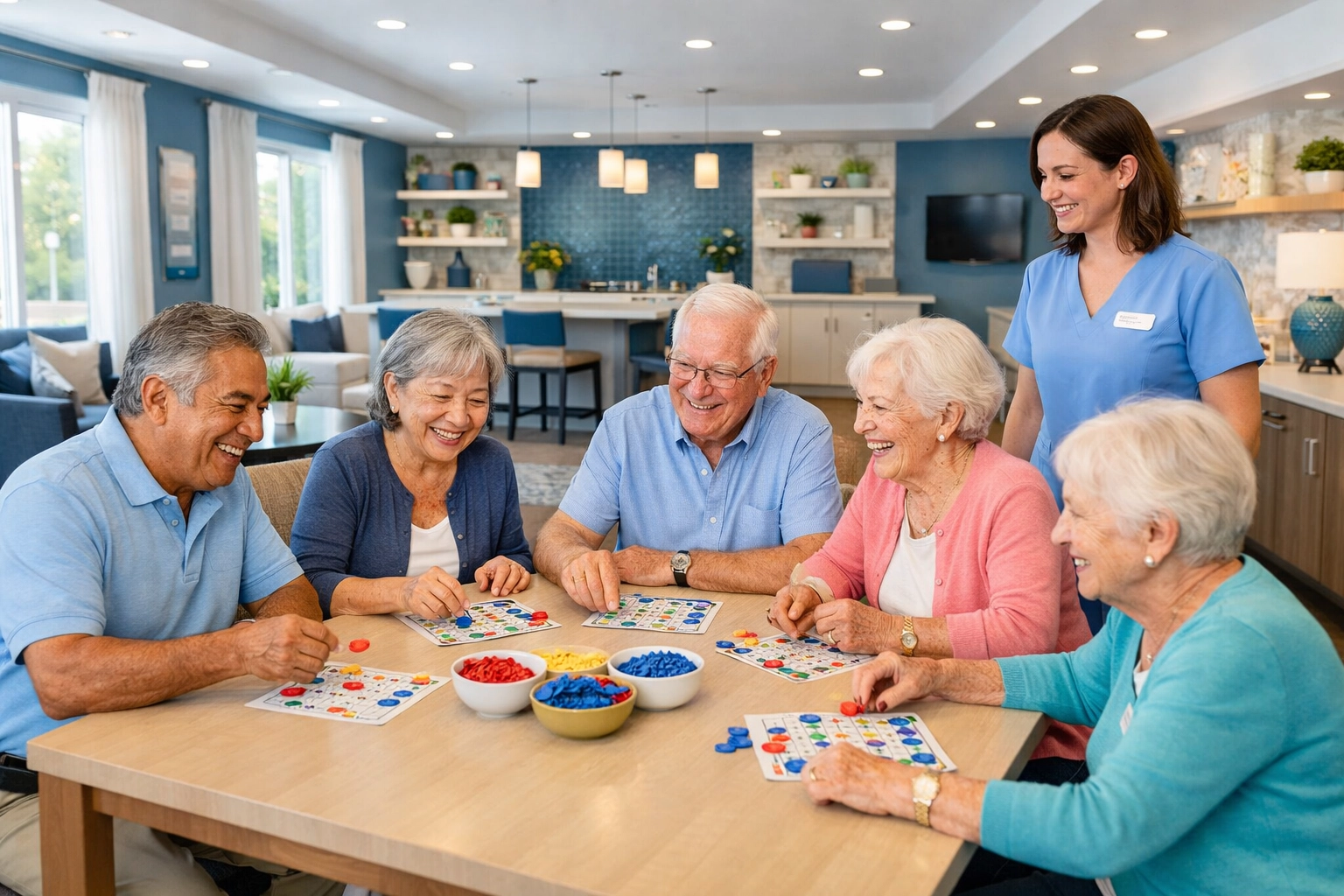 Multicultural seniors engaging in group activities with professional caregivers in Northern Virginia.