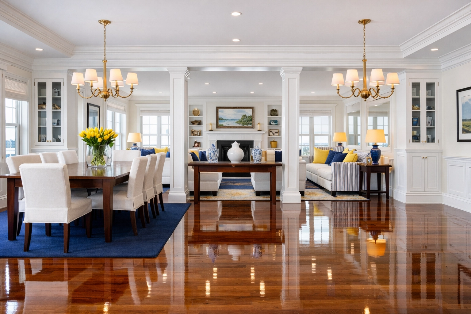 Immaculate hardwood floors and living area following professional deep cleaning in Marblehead.