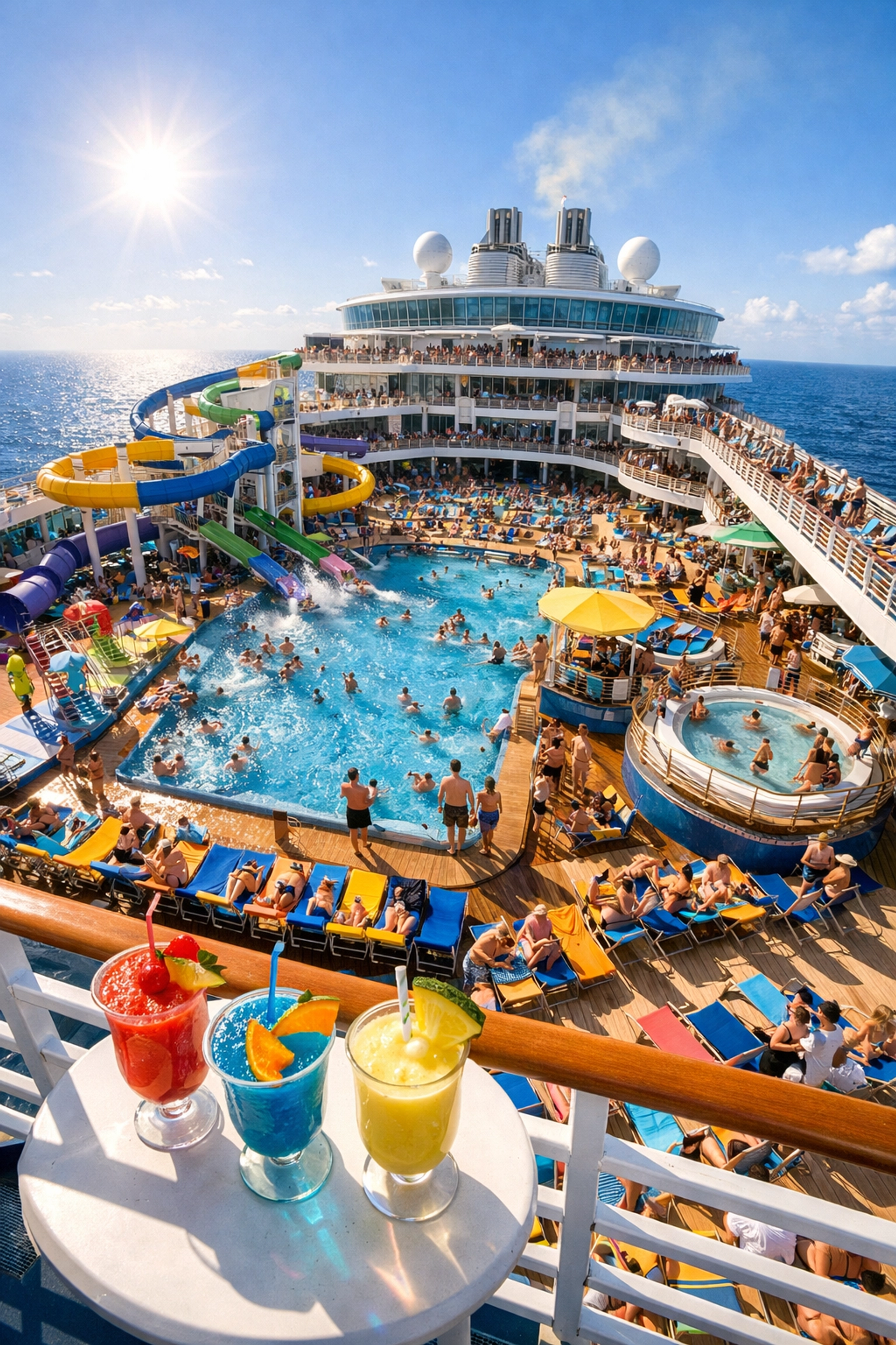 Families enjoying multiple pool decks on large cruise ship with water slides and ocean views