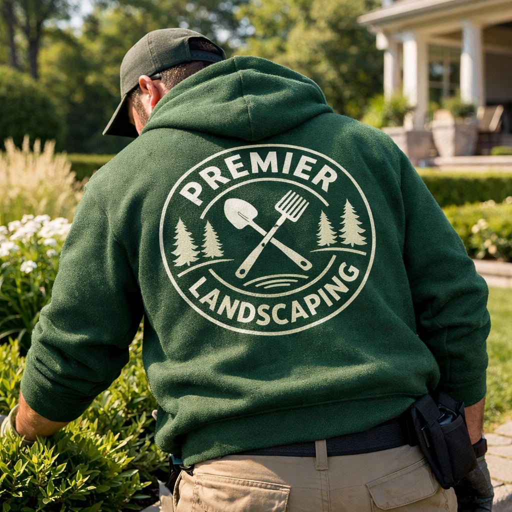 Landscaper wearing a forest green custom hoodie with a bold back print logo while working in a garden.