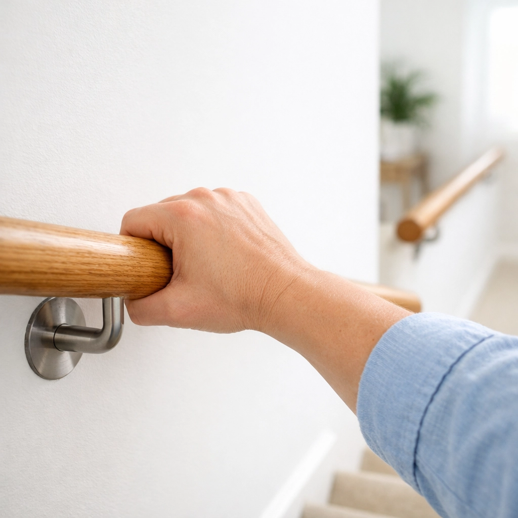 A hand using a secure power grip on a round wooden stair handrail that extends past the top step.