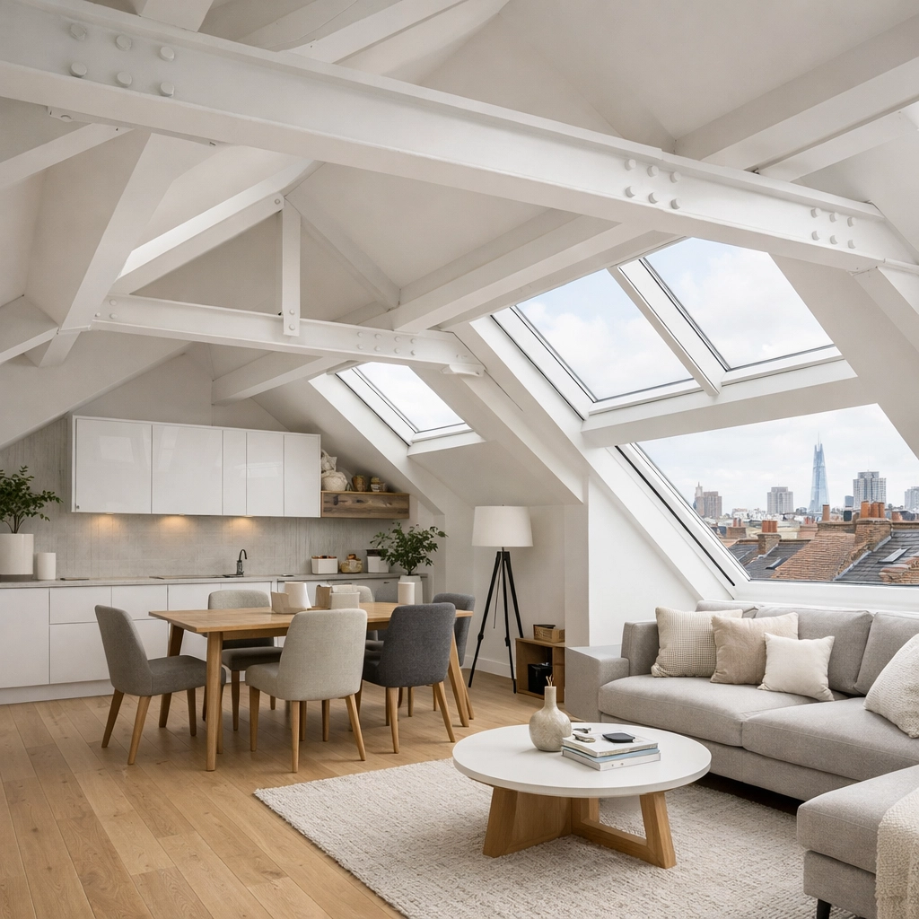 London loft conversion interior with white RSJ steel beams and natural light