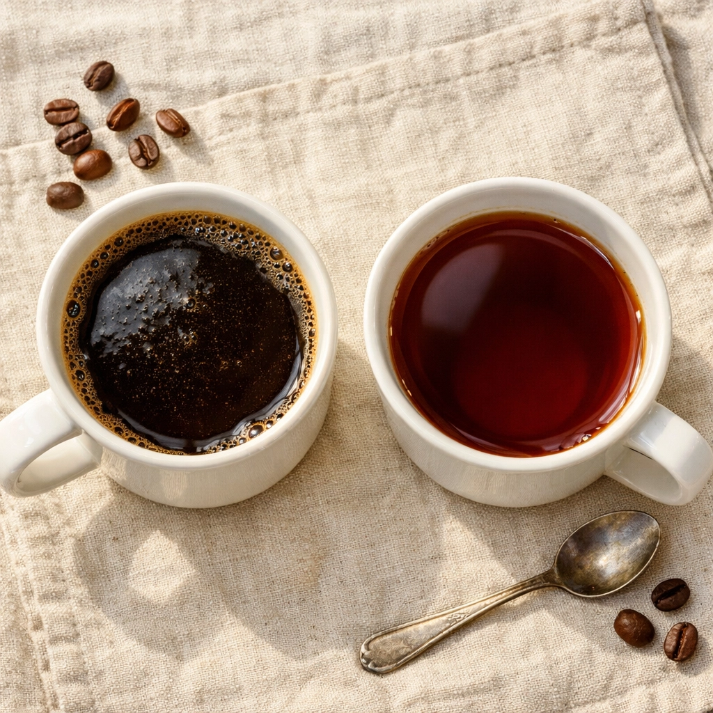 Comparison of French Press and V60 coffee showing difference in clarity and body