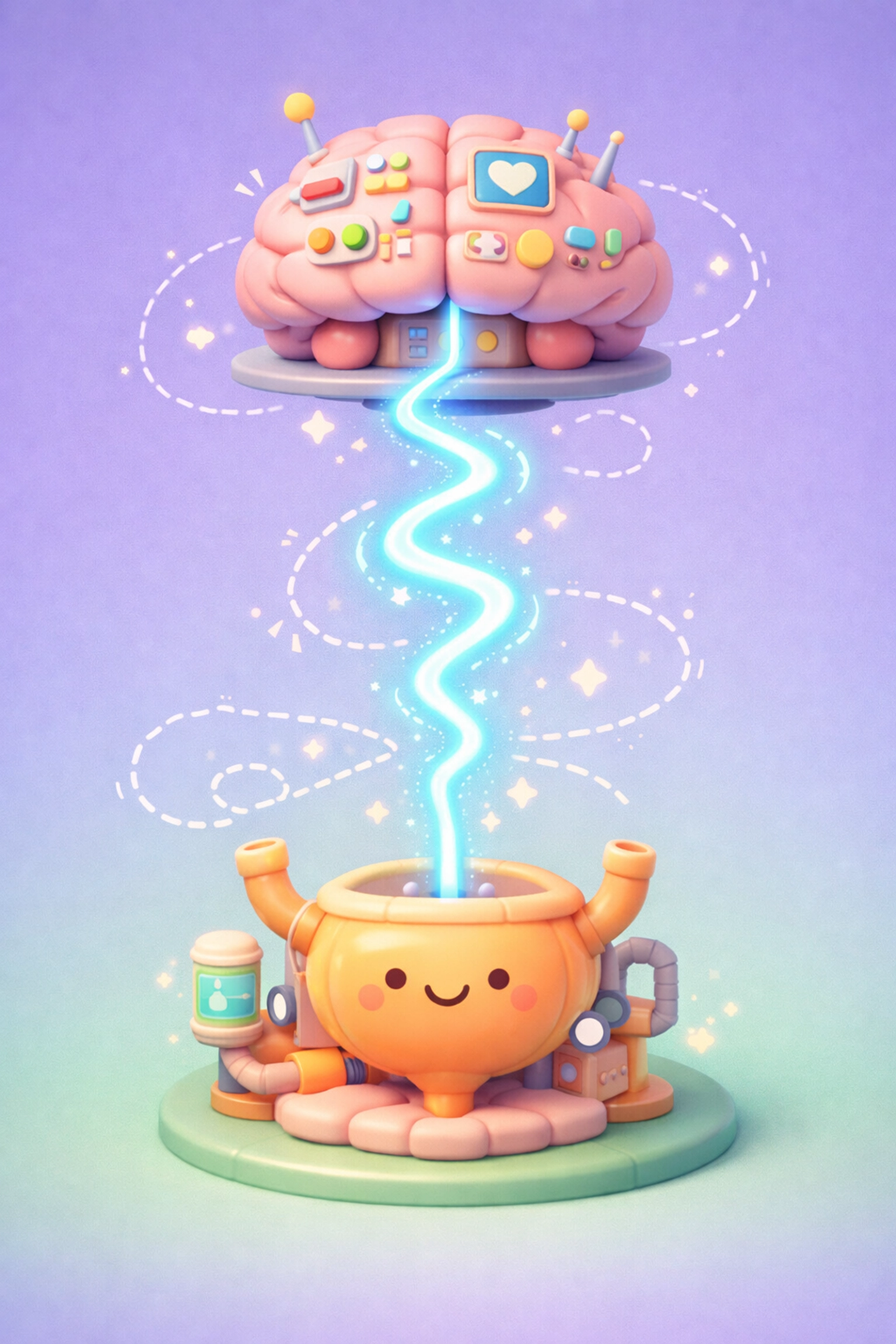 A stylized, futuristic 3D illustration of the brain-bladder connection. The brain is depicted as a glowing "Command Center" sending a bright blue lightning-bolt signal down to a "Base" (the bladder). The image looks like a high-tech video game interface.