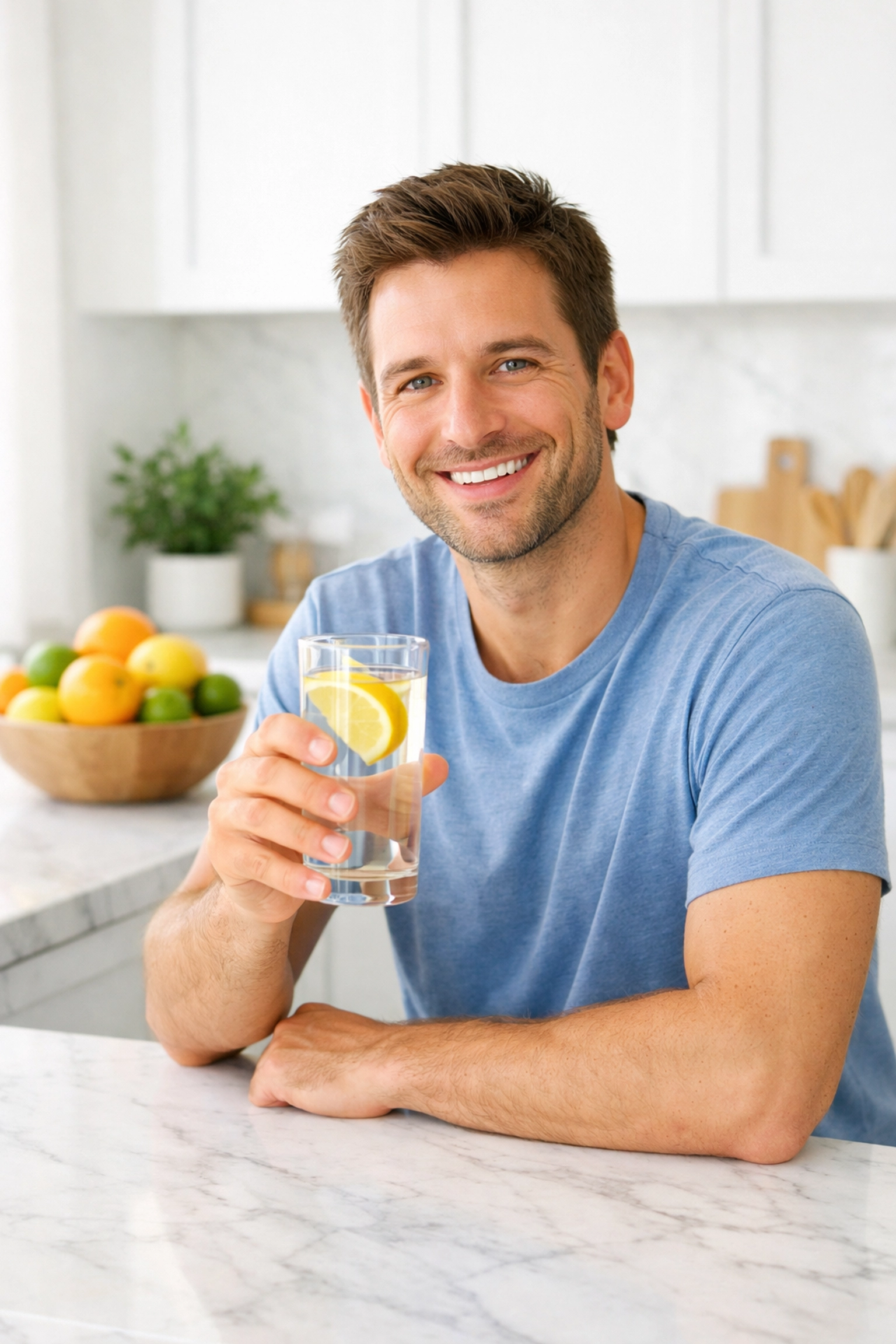 Healthy man drinking lemon water to stay hydrated during a medical weight loss journey.