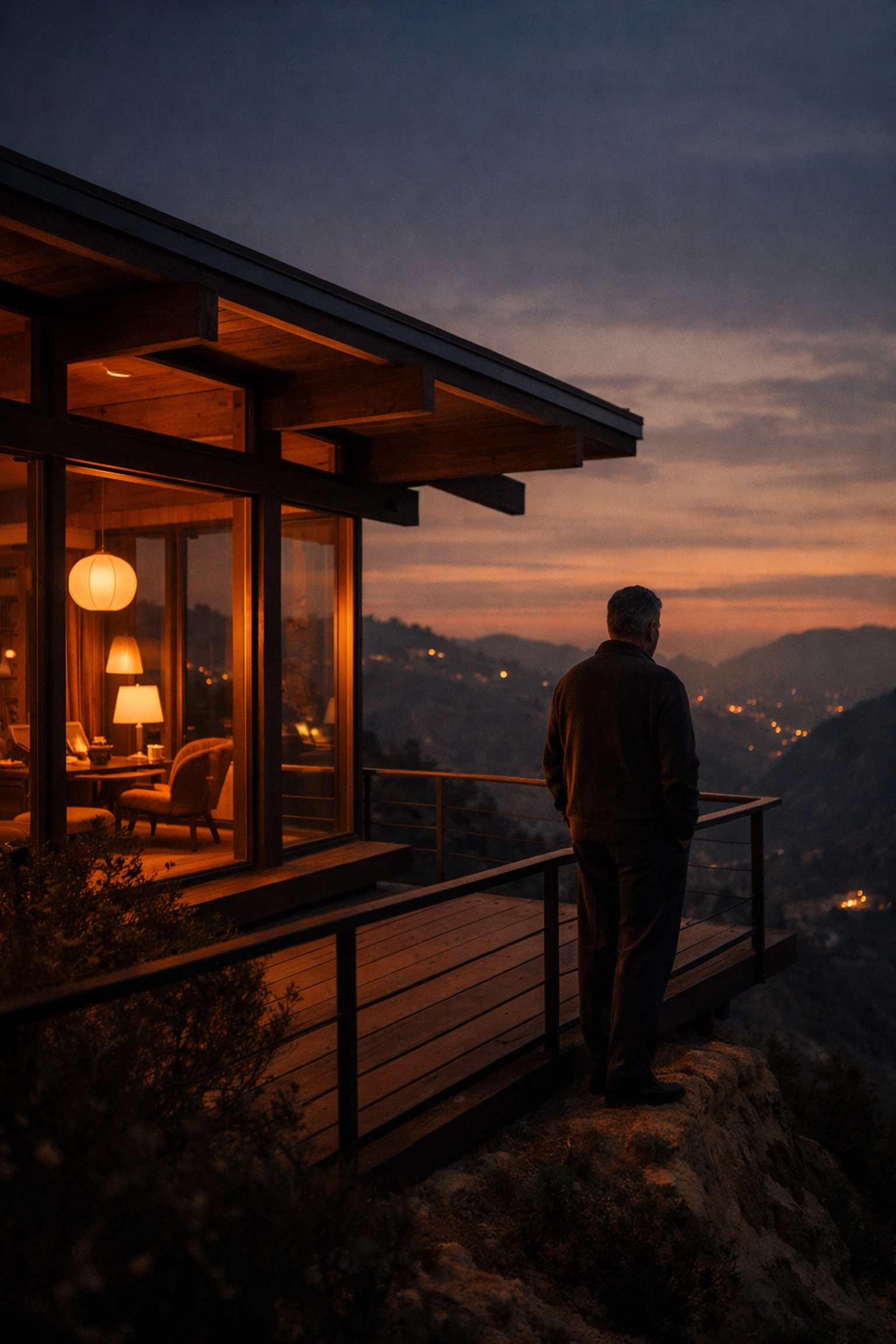 Solitary man on 1960s California home deck depicting George's isolation in A Single Man