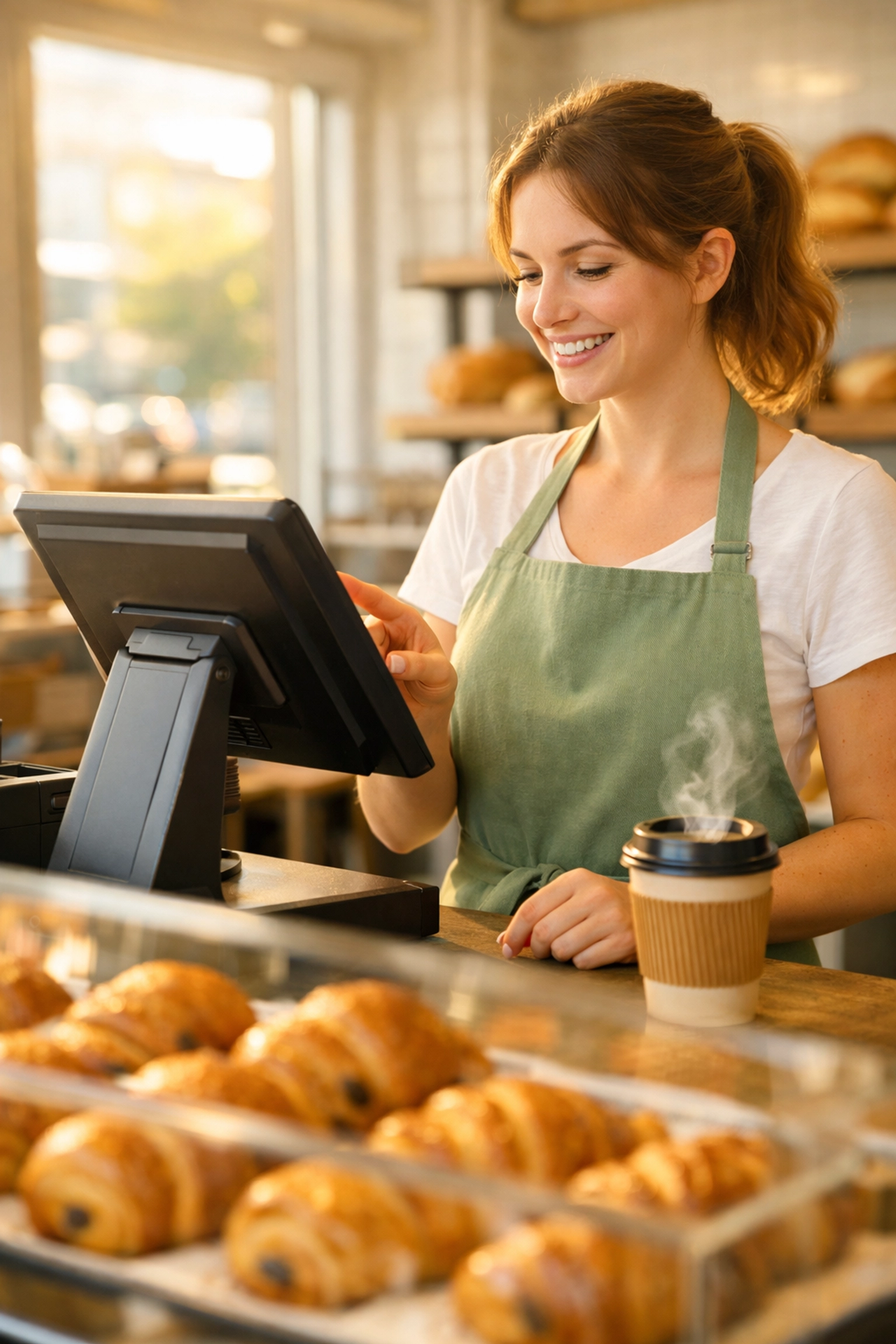Cheerful bakery staff using an efficient restaurant POS system for quick customer service during a morning rush.