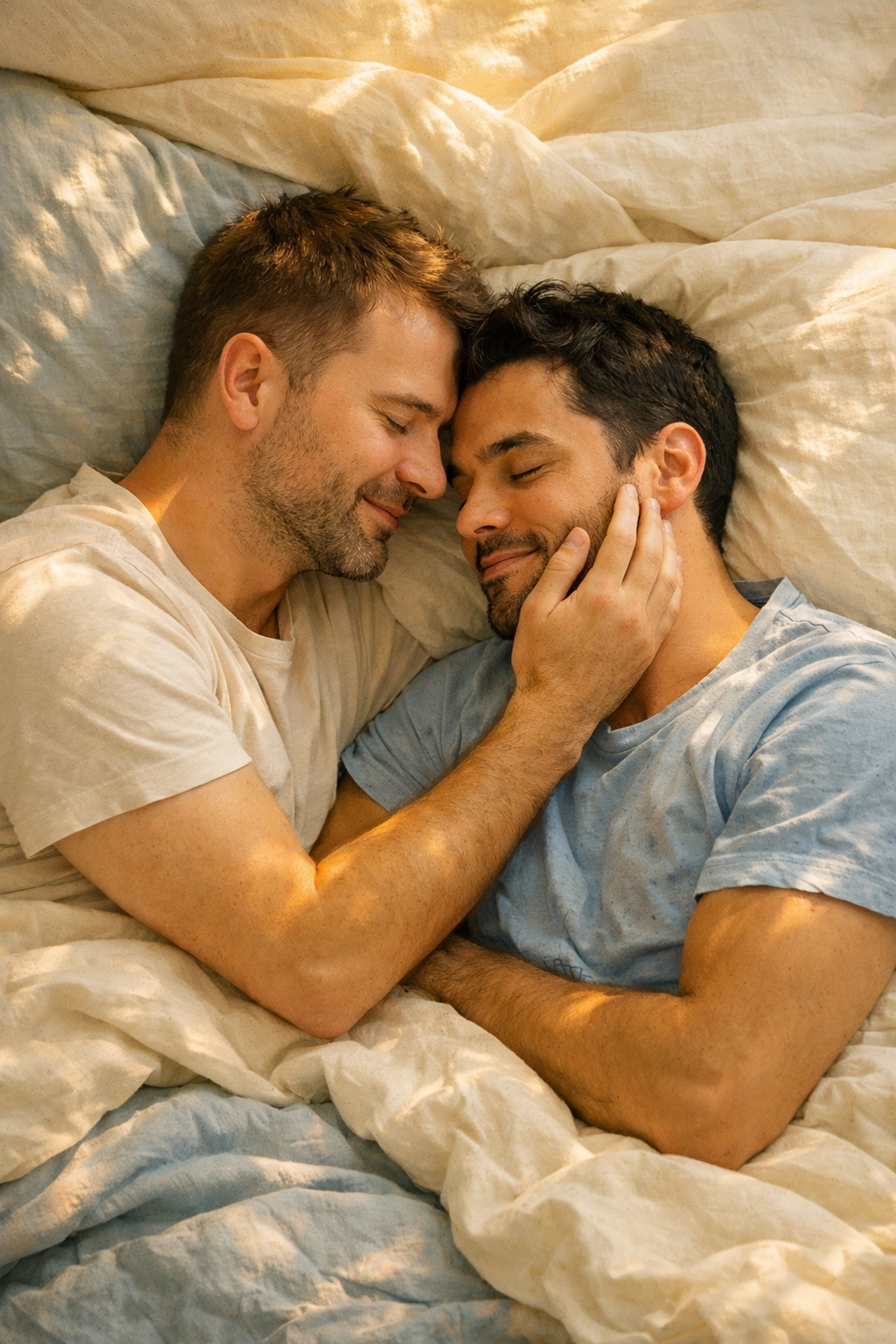 Two men sharing intimate moment showing emotional connection and stress relief through physical closeness