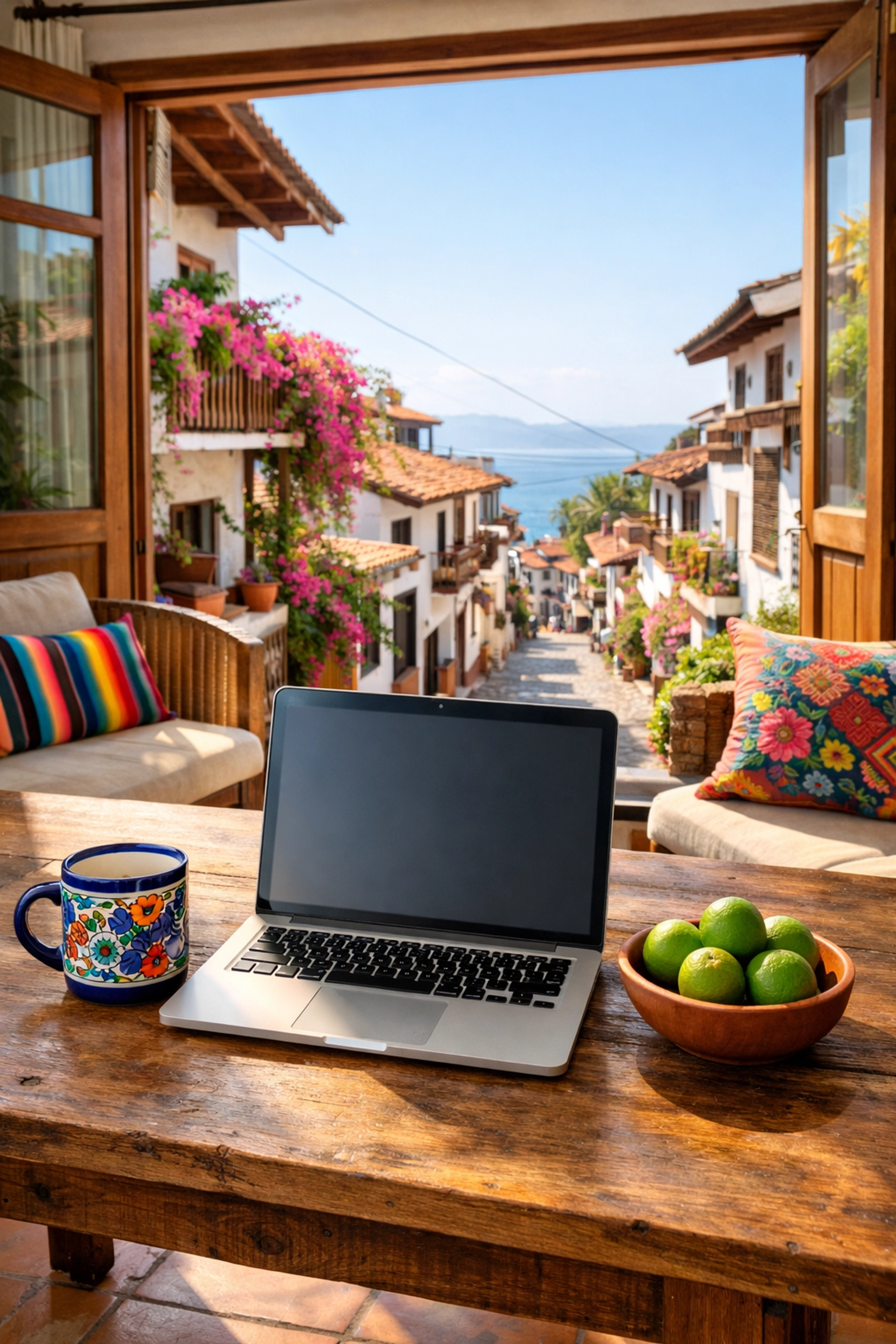 Bright Puerto Vallarta apartment rental with a laptop and Talavera mug overlooking Old Town cobblestone streets.