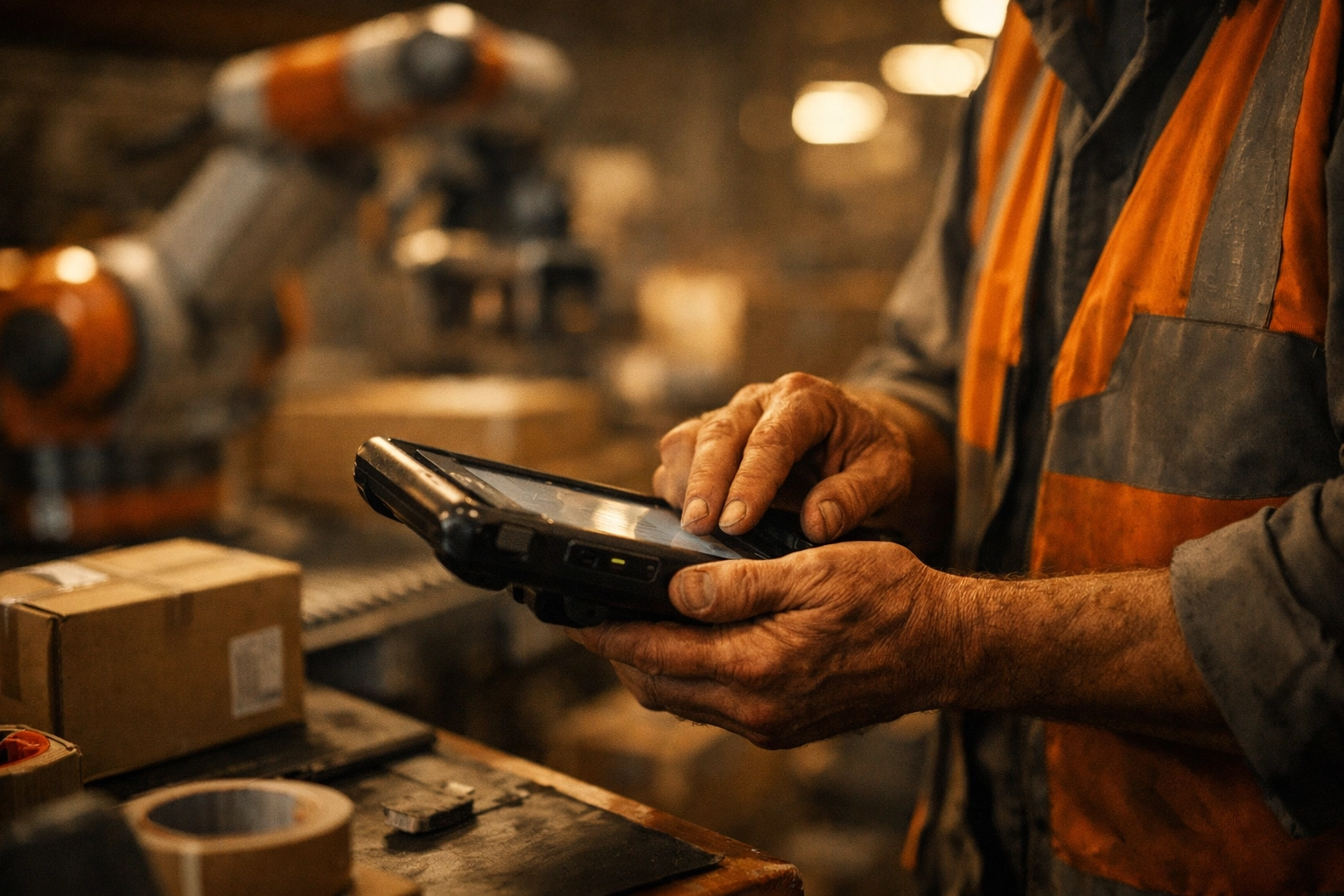 Worker's hands operating tablet at Amazon packing station with warehouse robotics in background