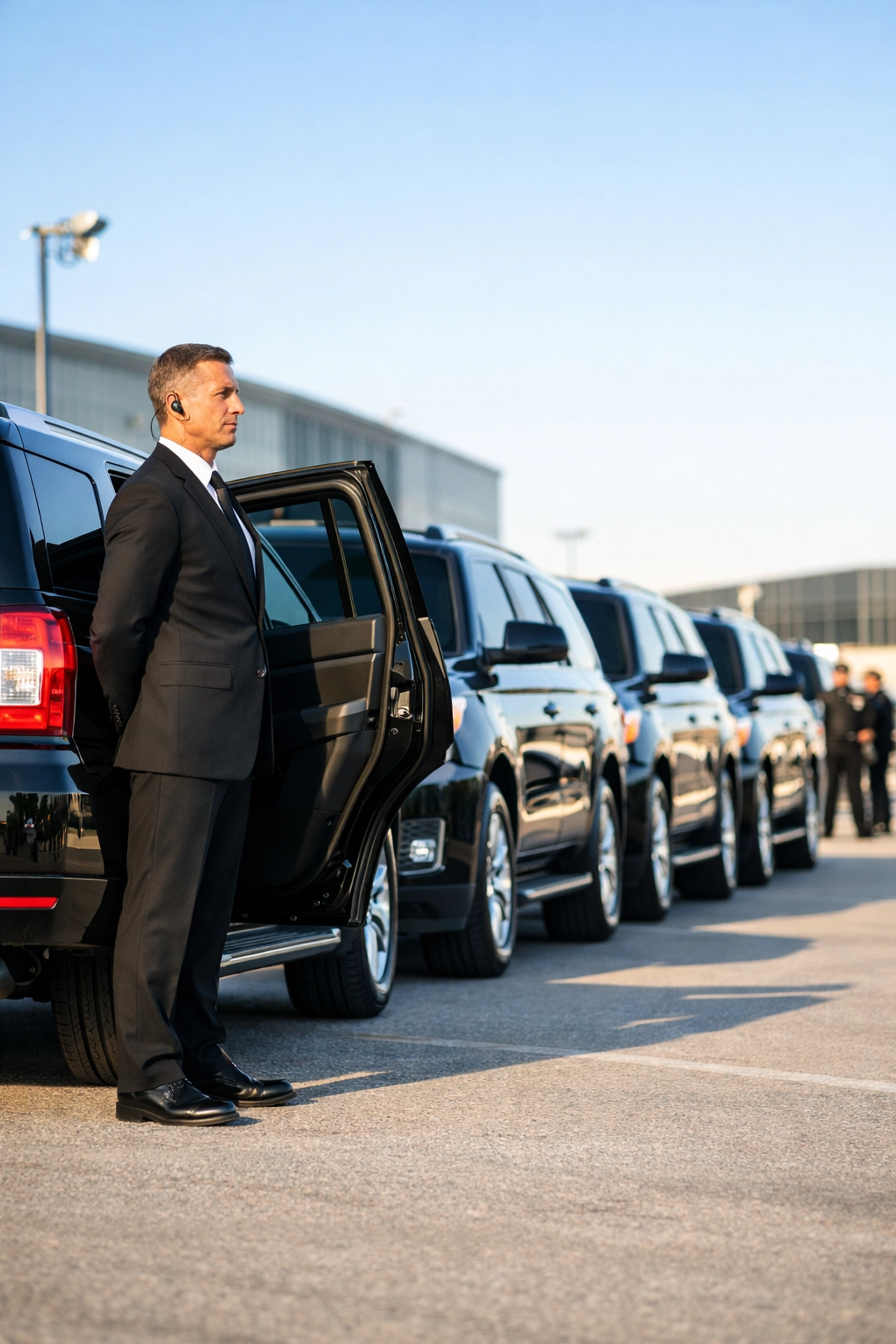 Professional chauffeur and executive SUVs providing secure VIP ground transportation for Super Bowl logistics.