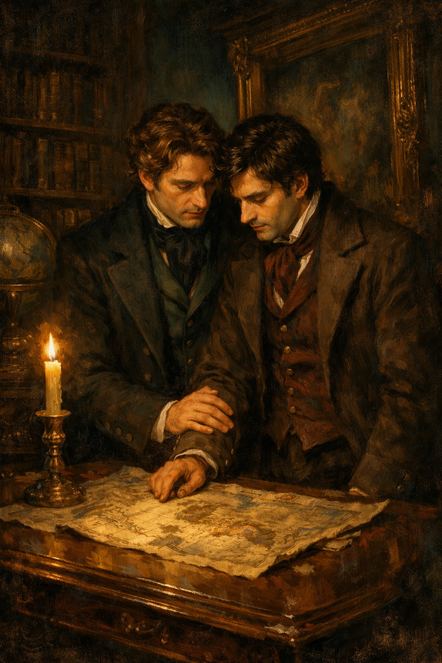 Romantic historical MM romance novels scene featuring two gentlemen sharing a moment in a vintage library.