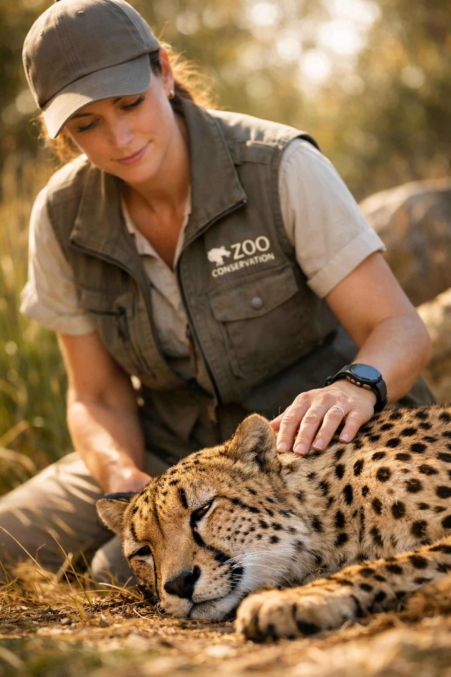 Wildlife researcher beside a cheetah, representing a professional zoo corporate identity and conservation mission.