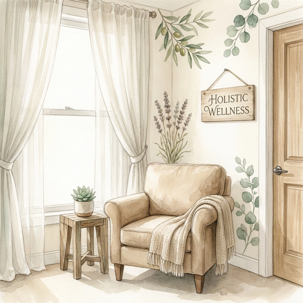 Welcoming holistic wellness office with comfortable chair, natural décor, and calming atmosphere