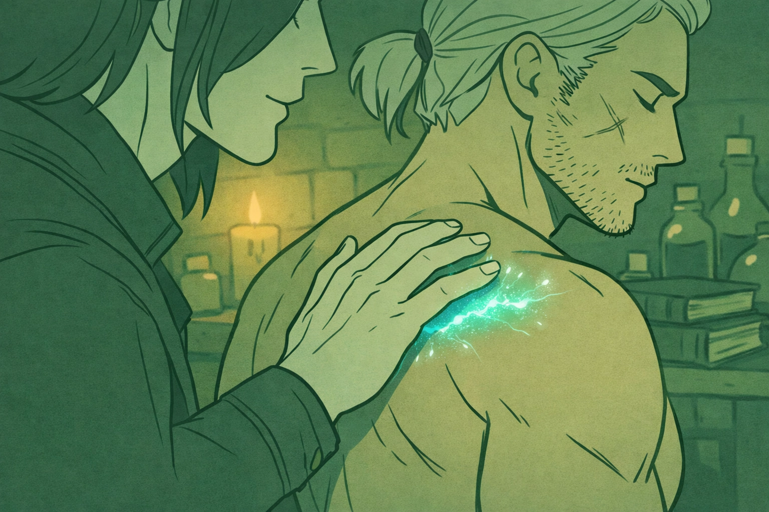 Vampire healer's hand on witcher's shoulder with magical healing energy - MM romance intimacy