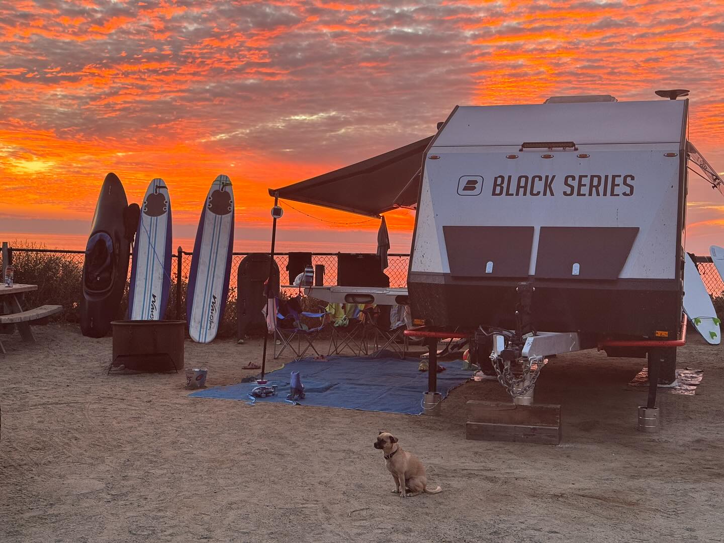 Black Series RV Beachside Campsite Black Series RV trailer set up at a beachside campsite during sunset, with an awning extended, outdoor chairs, picnic table, dog, surfboards, and kayak visible, highlighting the trailer's adaptability for adventure and family comfort in scenic, remote locations.