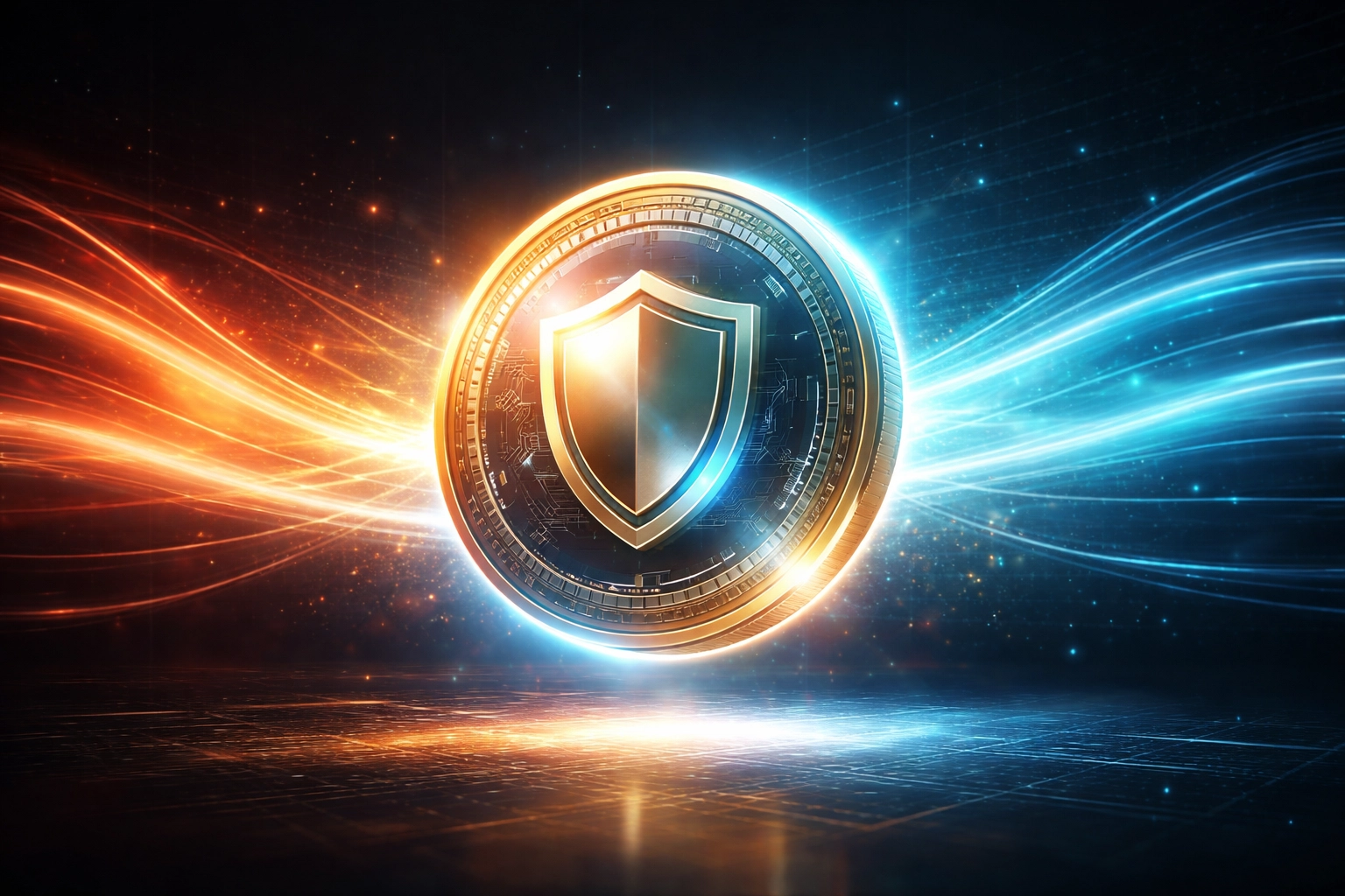 Digital stablecoin glowing against a cosmic background illustrating LUSD stability and crypto fee savings