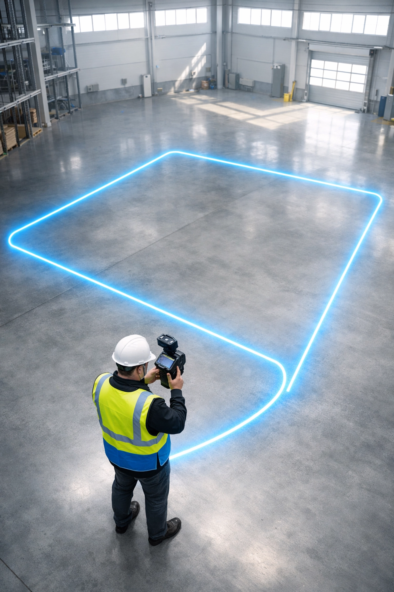 Professional using a handheld SLAM laser scanner in a warehouse to fix data drift with loop closure.