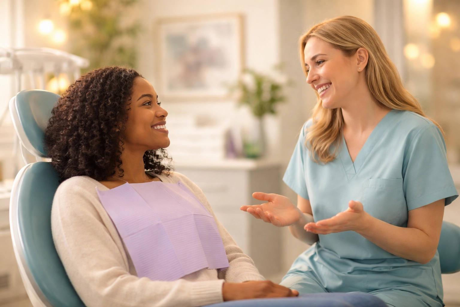 Dentist and diverse patient chatting warmly in a modern clinic, highlighting affirming and inclusive dental care.