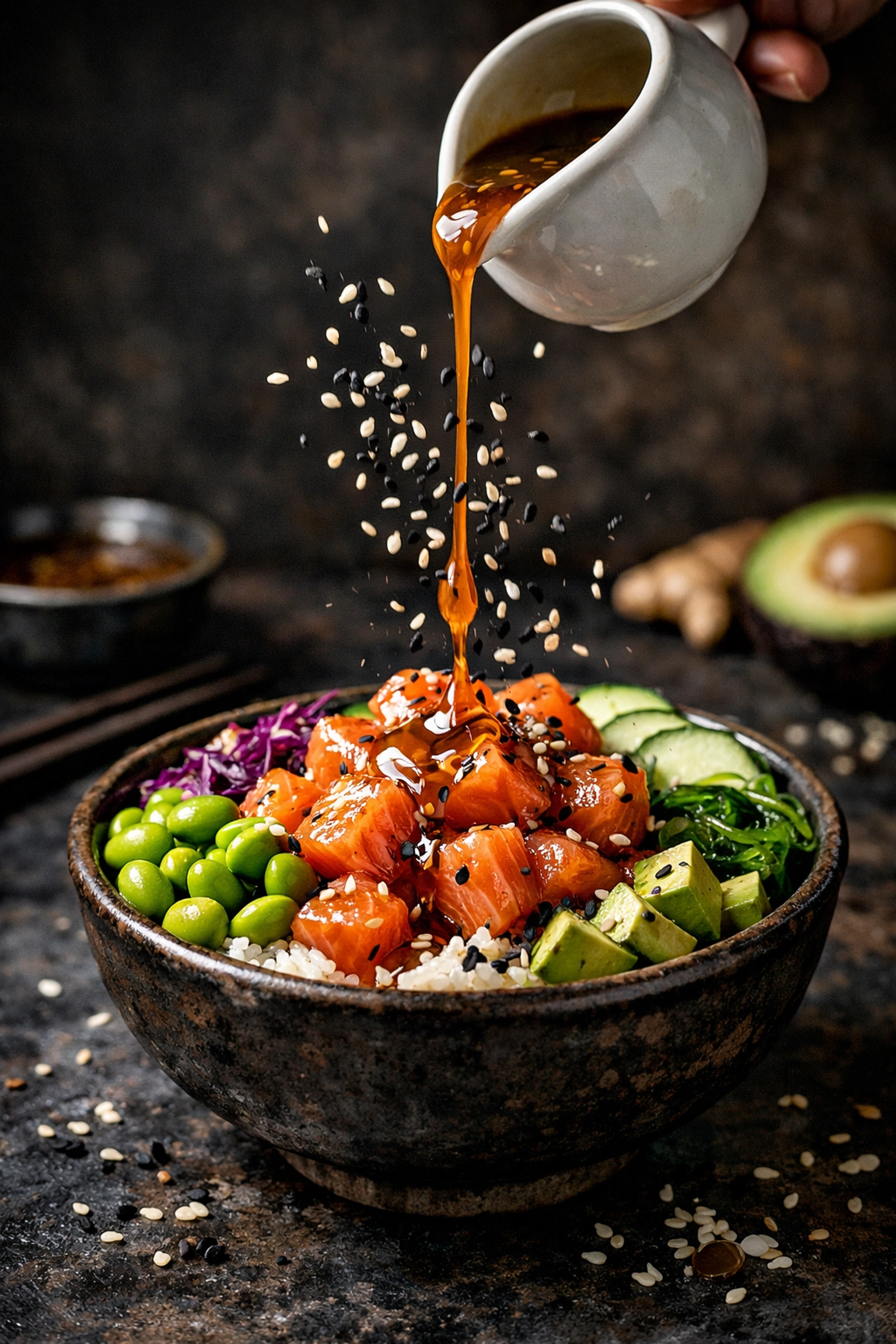 Nappage d'un poke bowl personnalisé avec une sauce maison sur du saumon et du sésame.