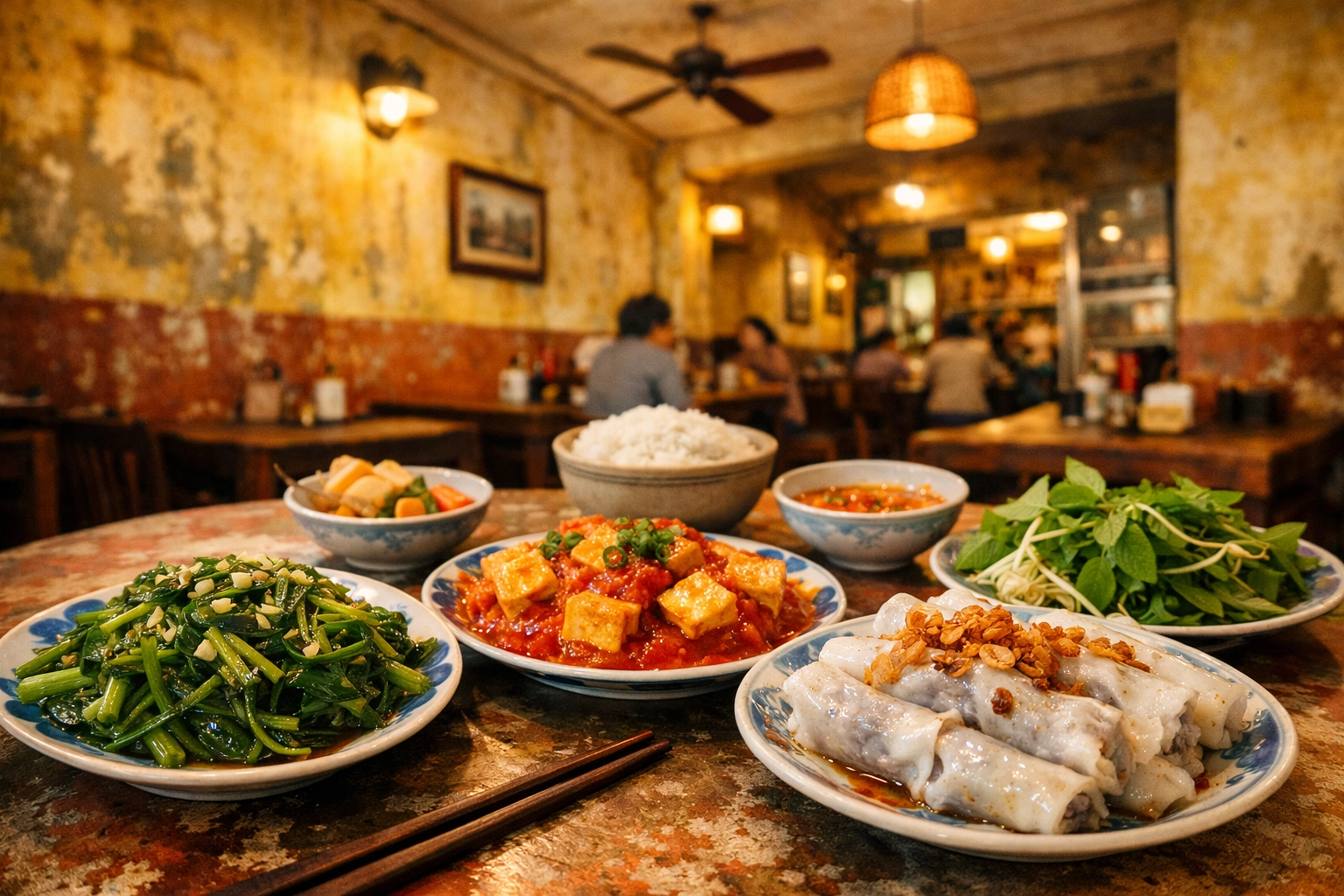 Traditional Vietnamese family dishes on a table, perfect for foodies at top photography locations in Hanoi.