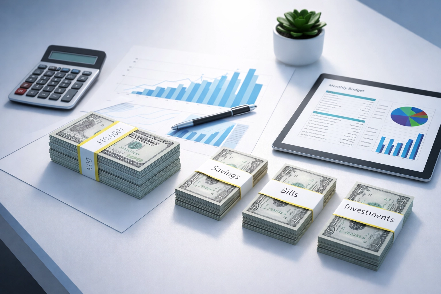 Financial planning desk showing owner salary as a priority allocation