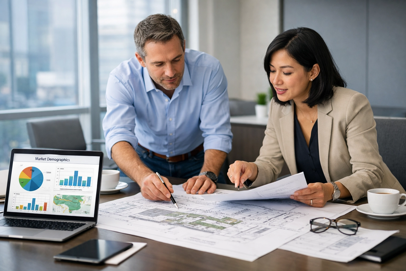 Real estate developers reviewing senior housing development plans and market data