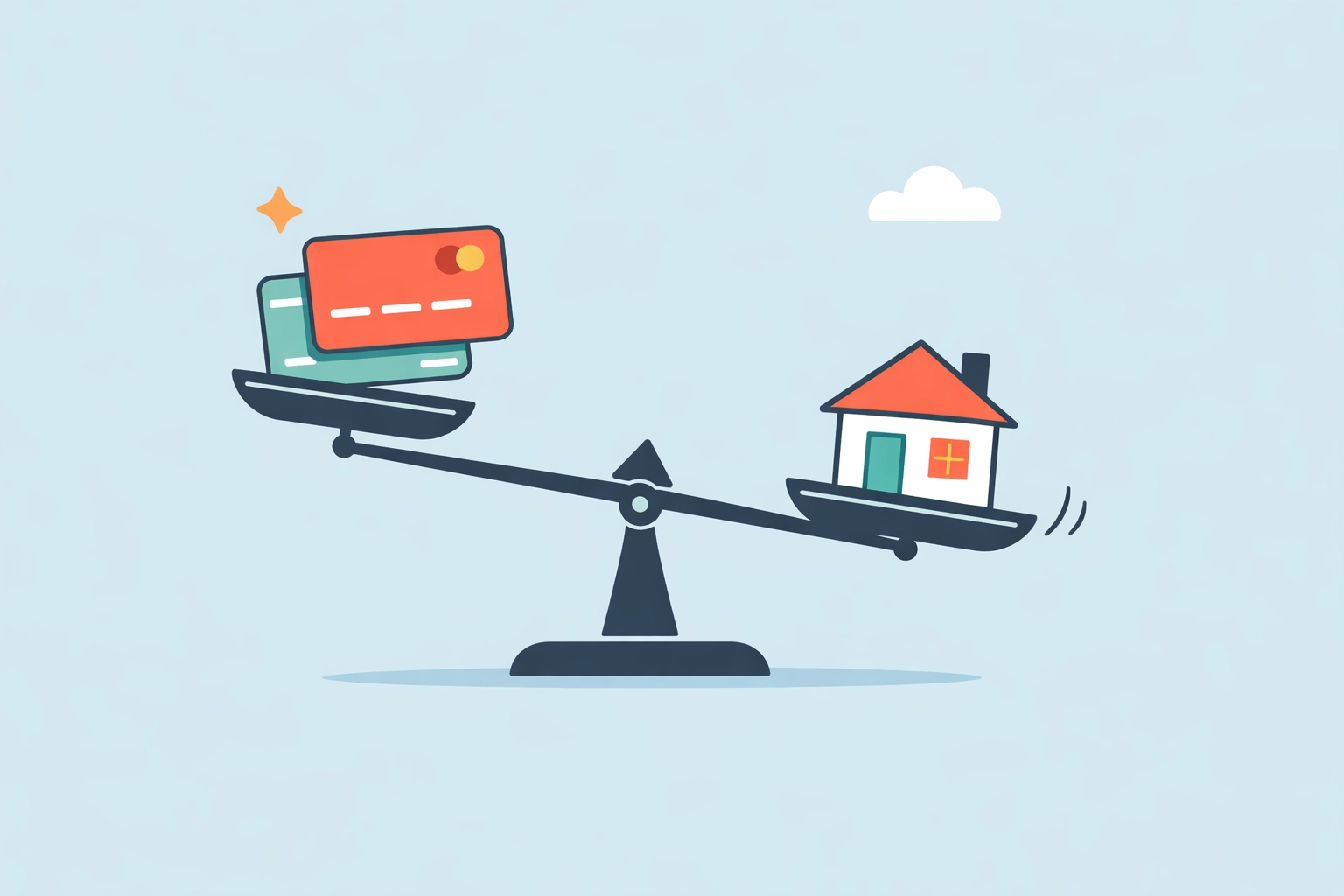 Balanza mostrando el equilibrio entre deudas de crédito y la meta de comprar casa