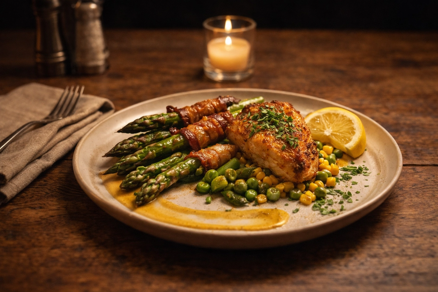A beautifully plated Southern-inspired spring dish with asparagus and peas on an intimate, eye-level dining table, showcasing a personal chef’s touch.